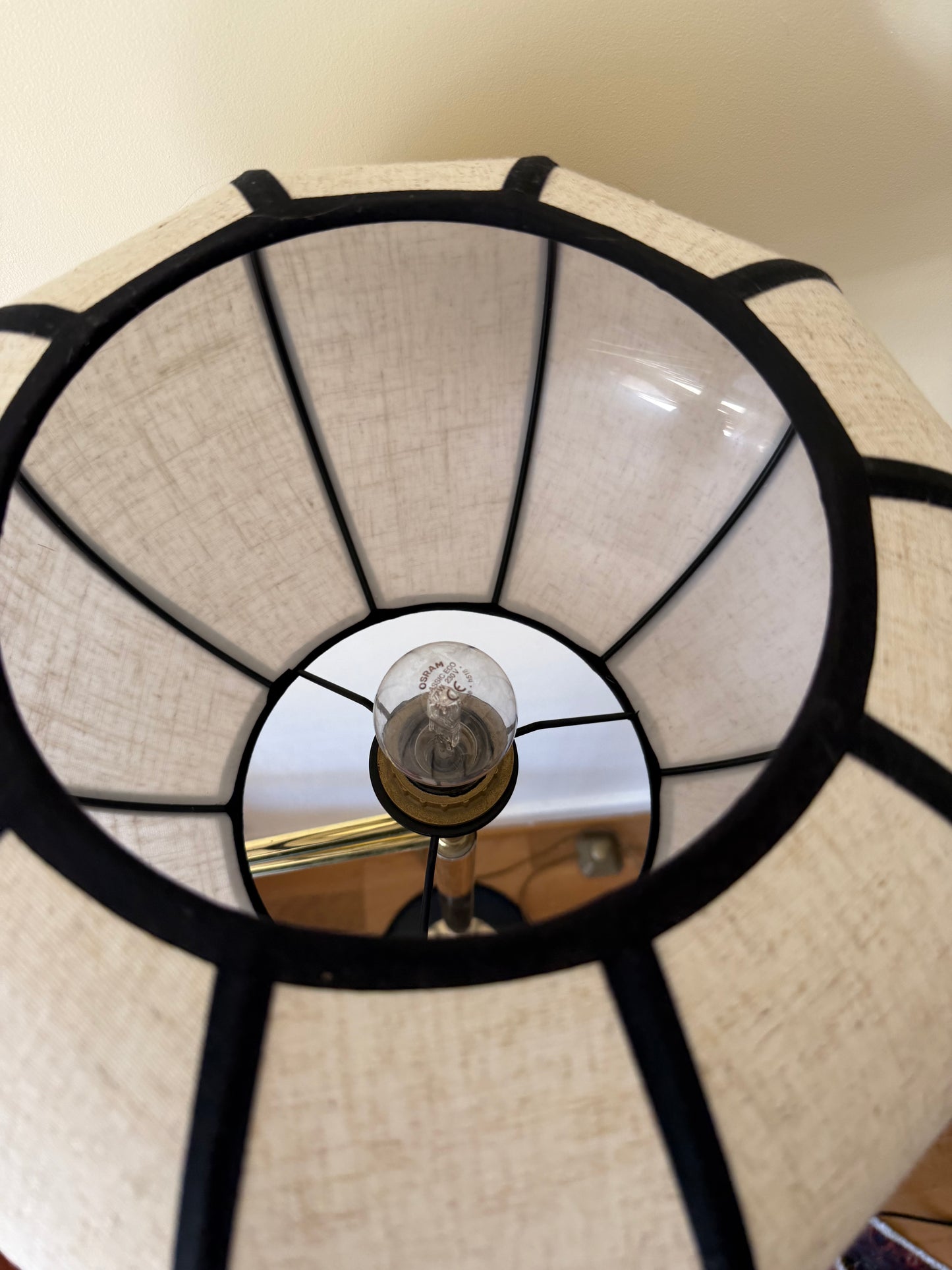 Lampadaire vintage bras articulé laiton doré abat jour lin