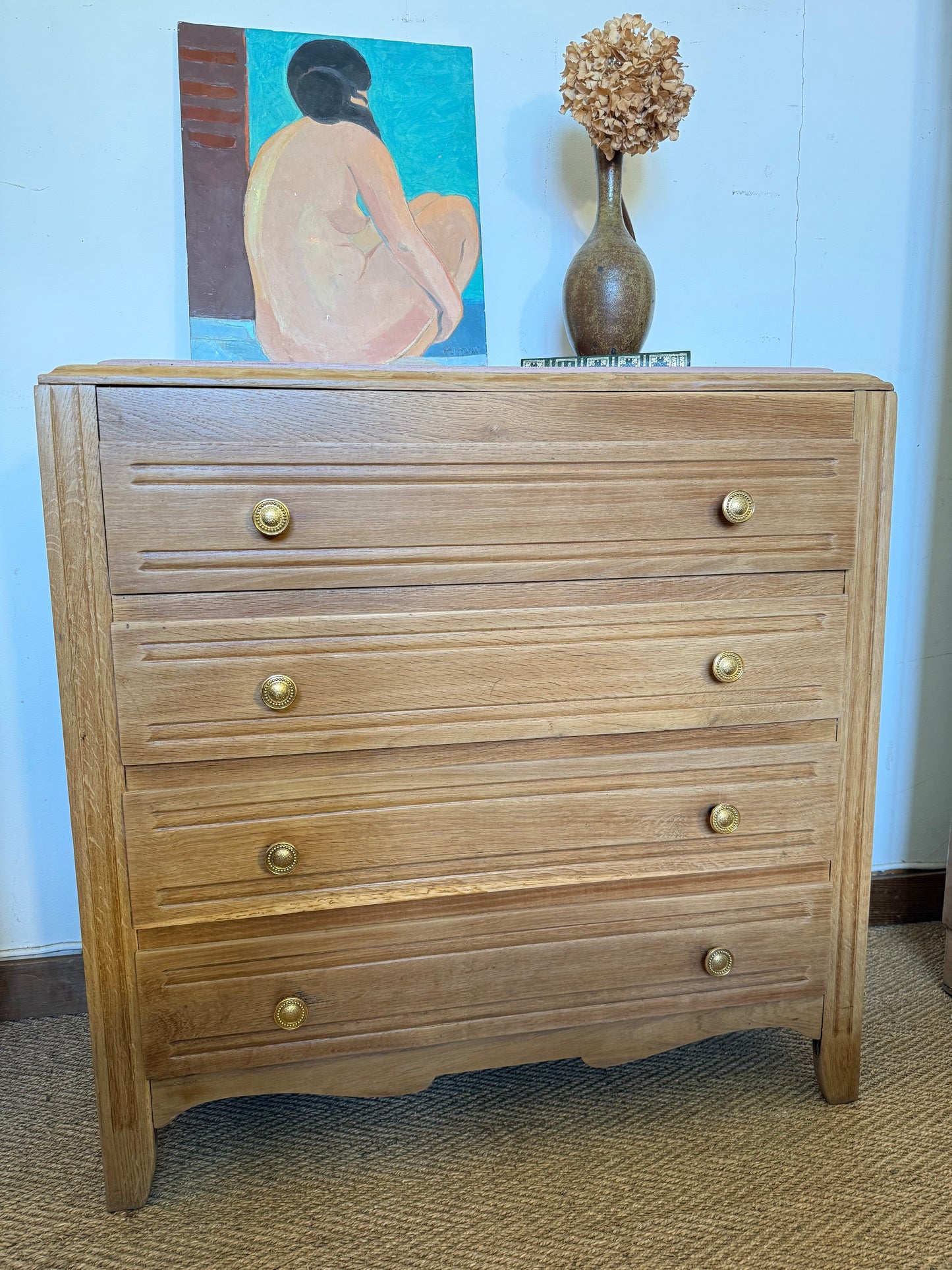Commode vintage placage chêne et poignées dorées