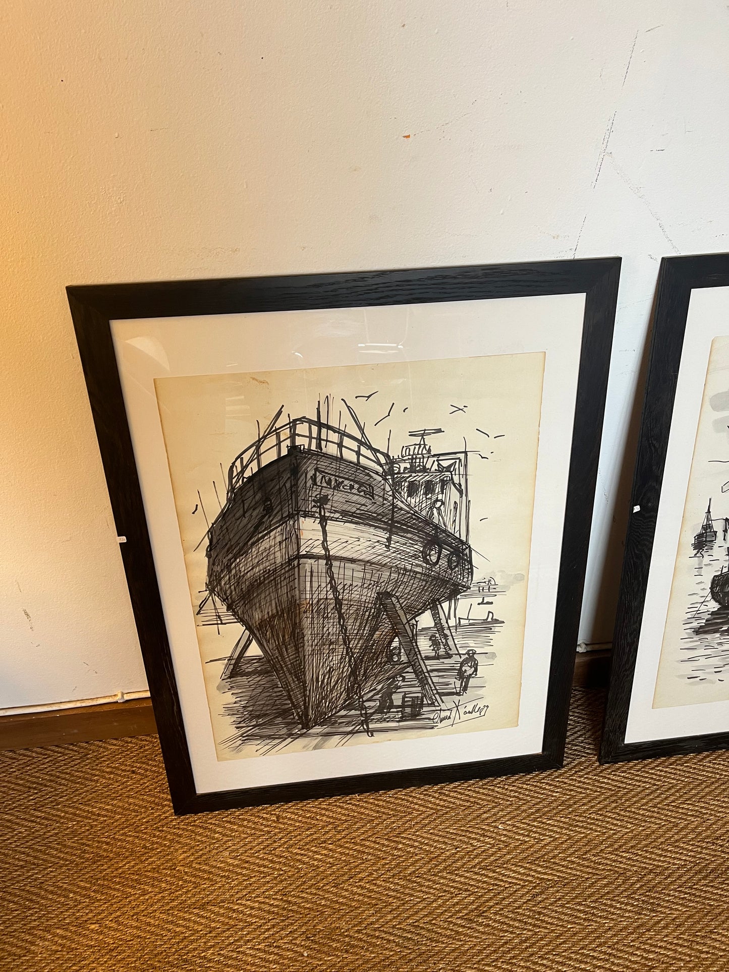 Dessins encadrés vue de mer port breton vintage signés