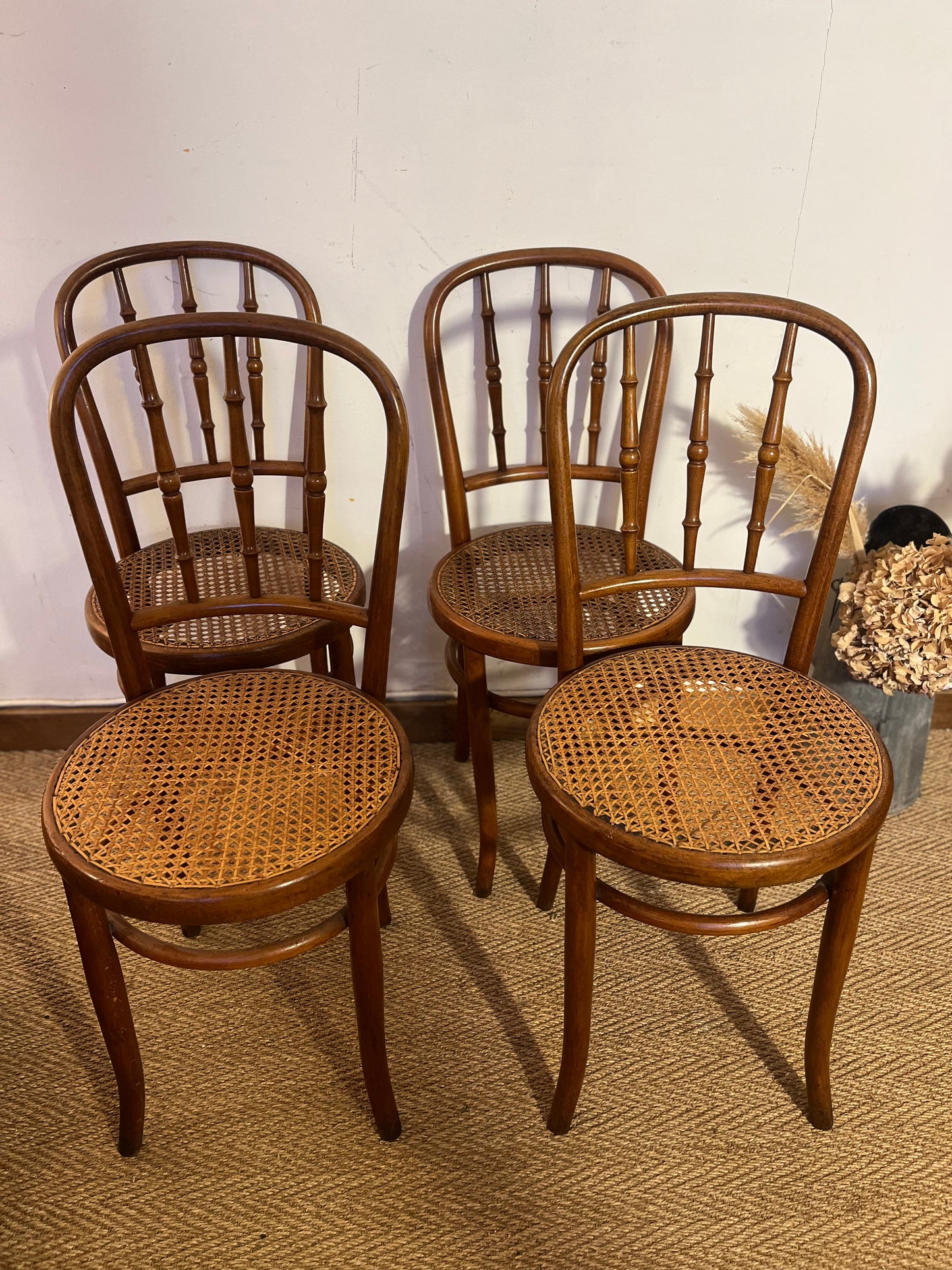 Lot de 4 chaises bistrots Fischel bois courbé et cannage