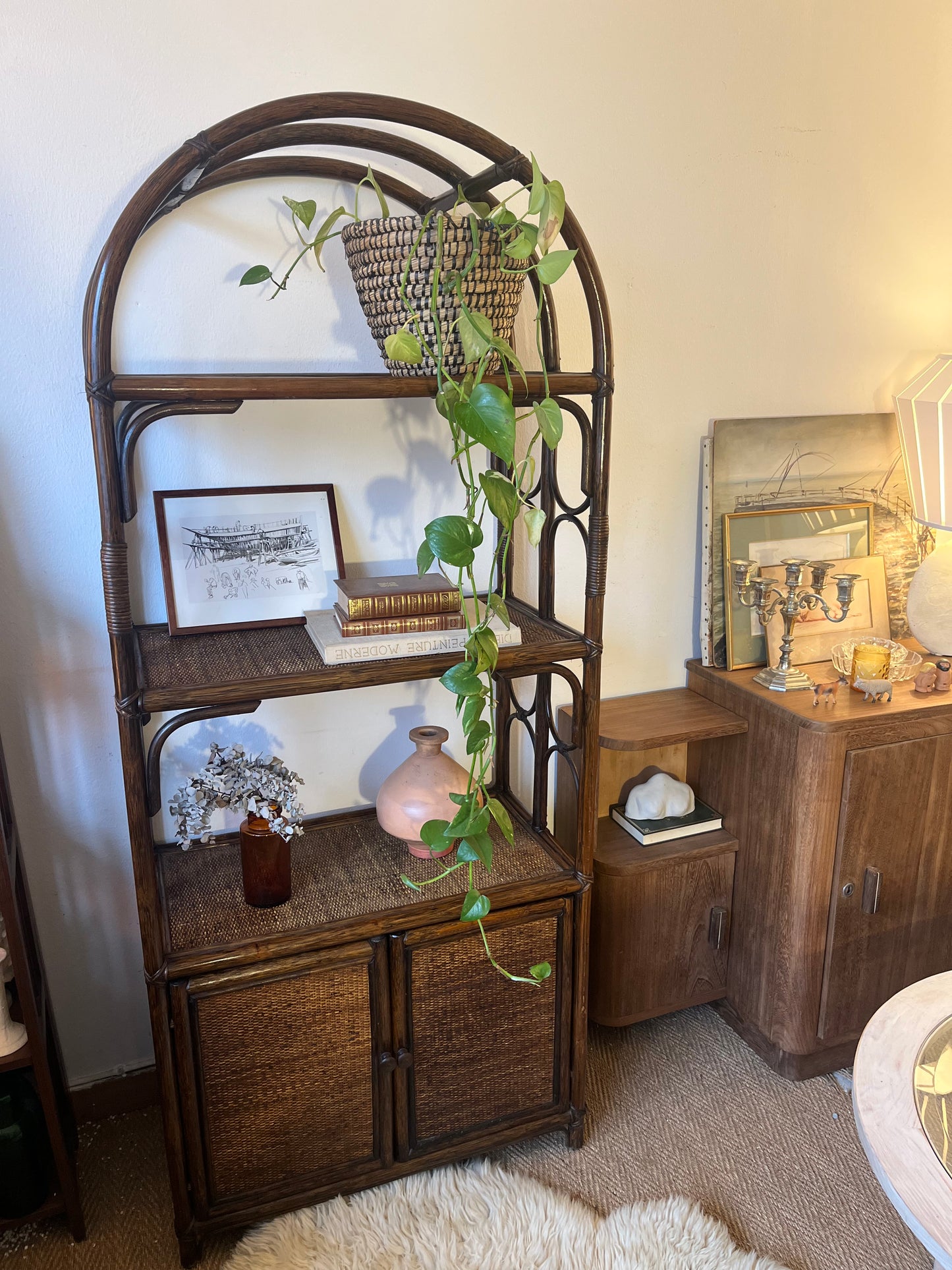 Bibliothèque étagère rotin vintage