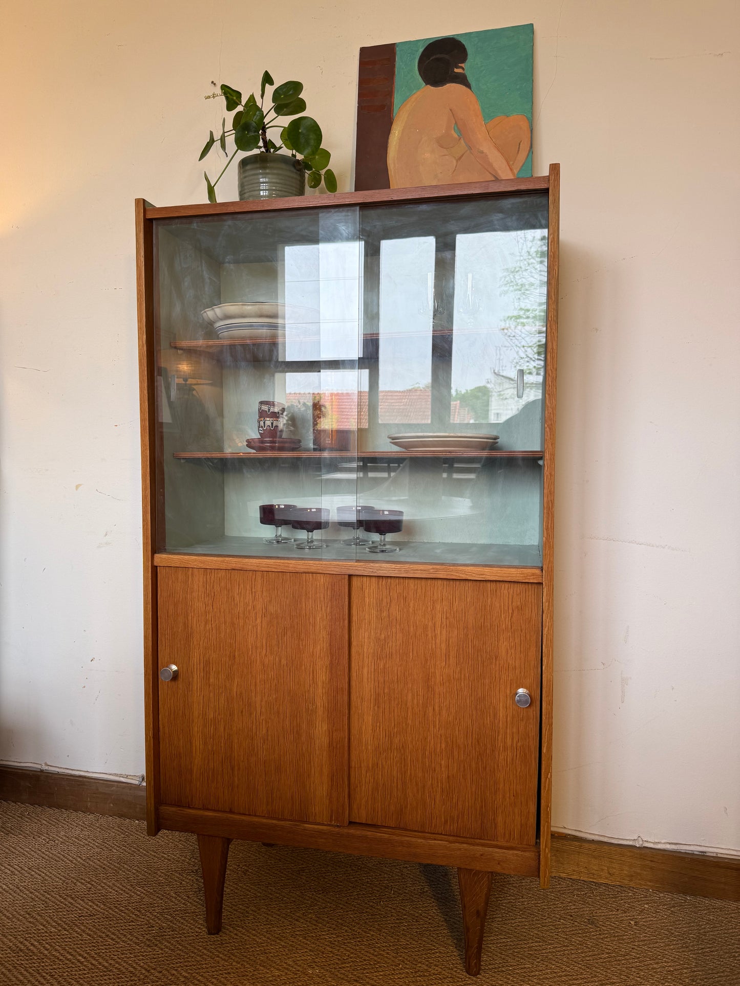 Vaisselier vitrine meuble de rangement vintage pieds compas placage teck