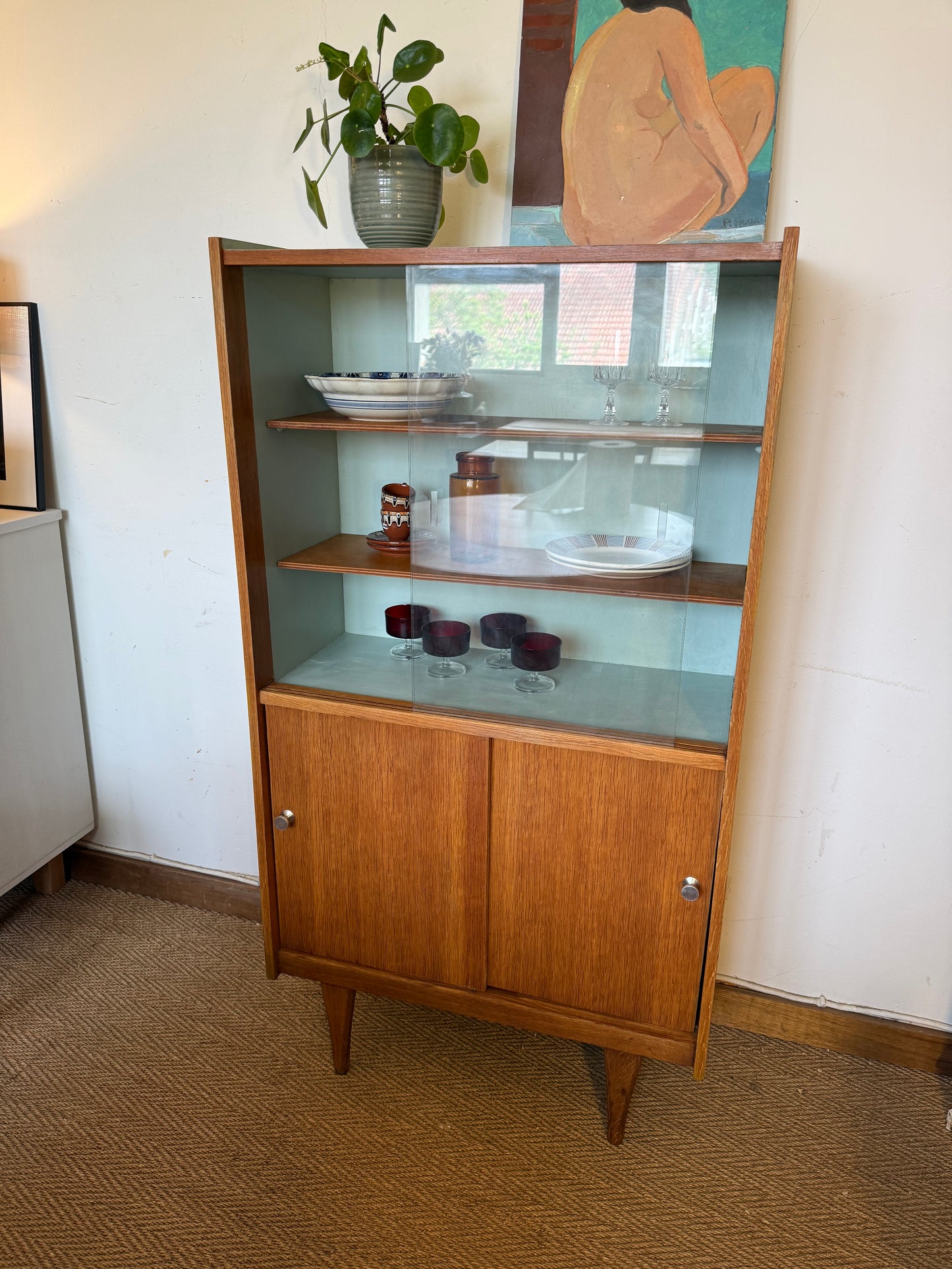 Vaisselier vitrine meuble de rangement vintage pieds compas placage teck