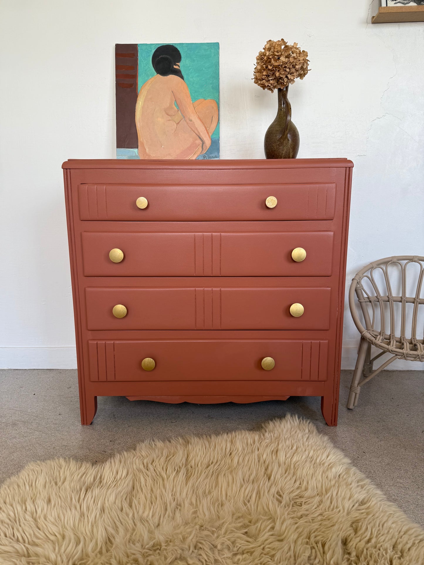 Commode vintage en bois terra cotta