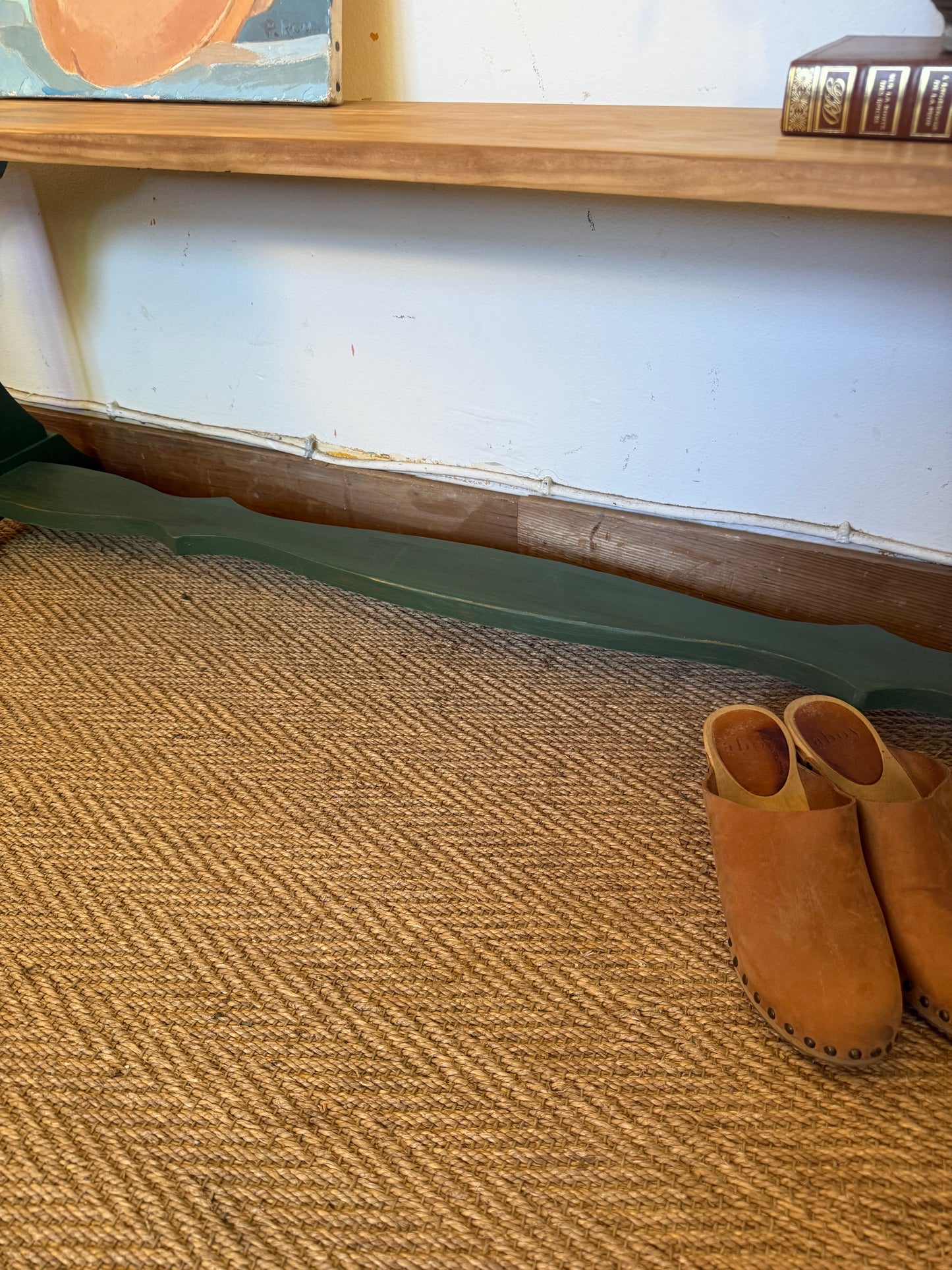 Banc de ferme vintage en bois patiné vert