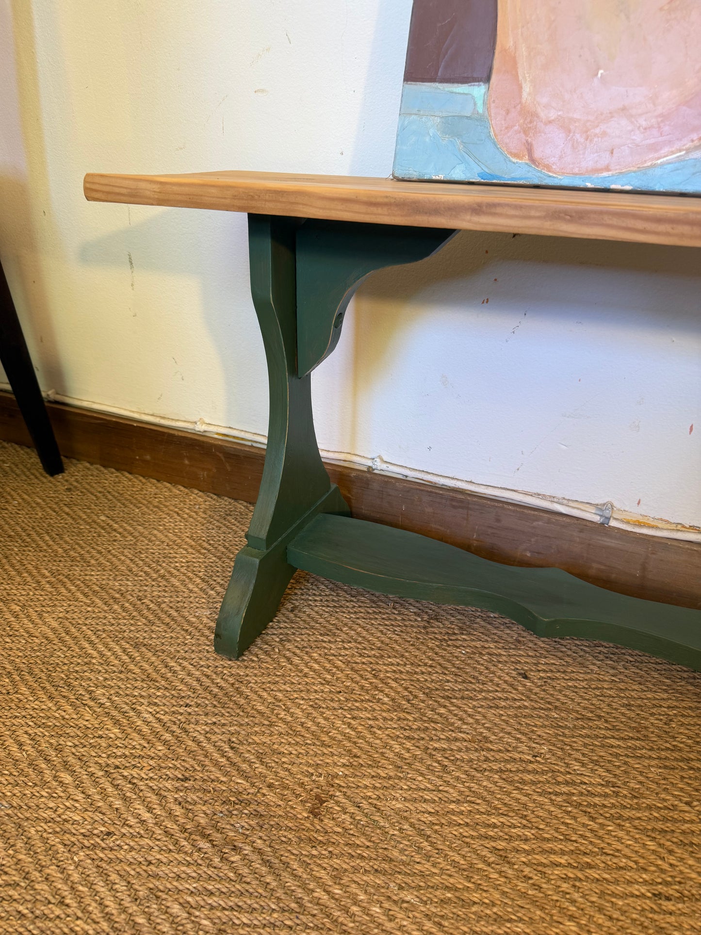 Banc de ferme vintage en bois patiné vert