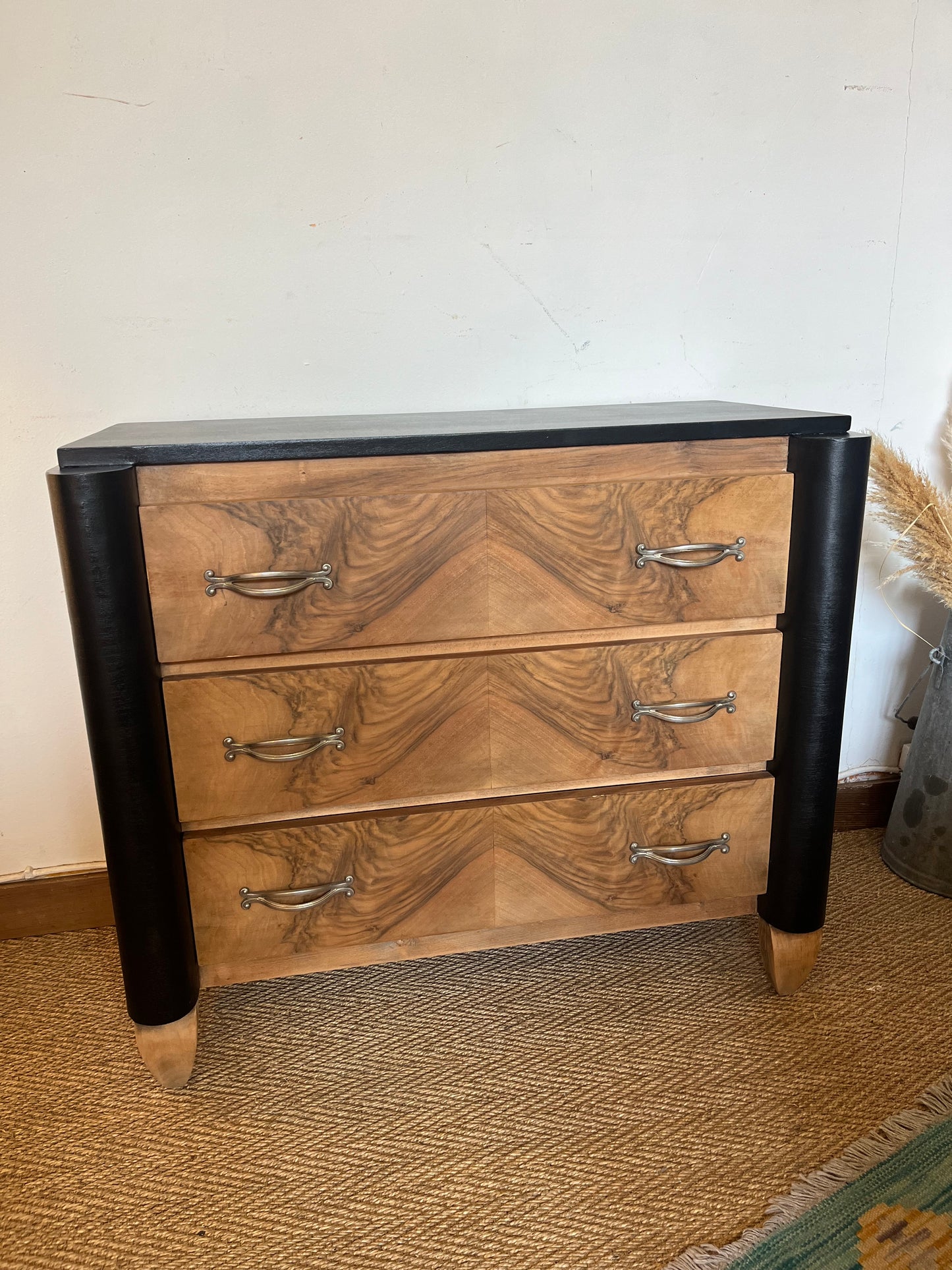 Commode art déco vintage en bois placage olivier