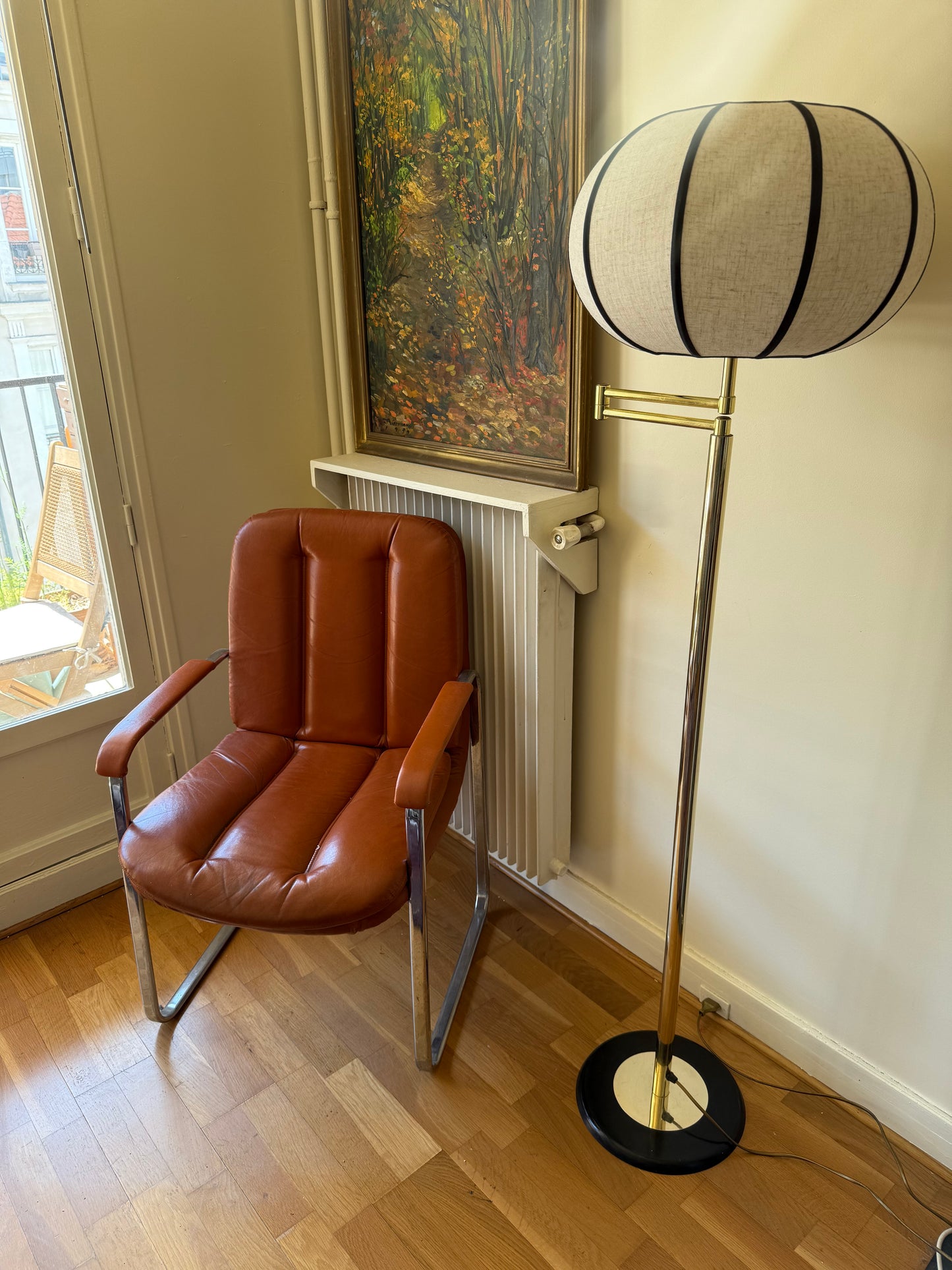 Lampadaire vintage bras articulé laiton doré abat jour lin