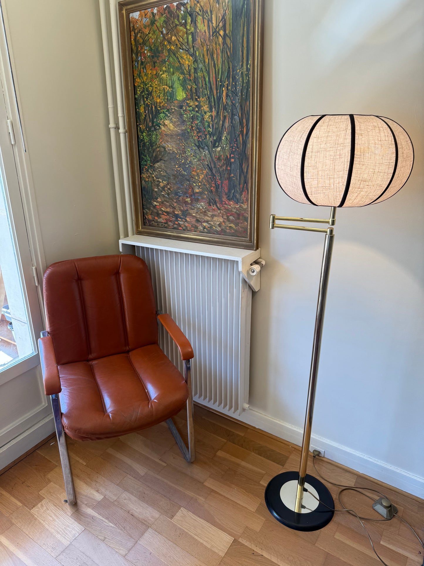 Lampadaire vintage bras articulé laiton doré abat jour lin