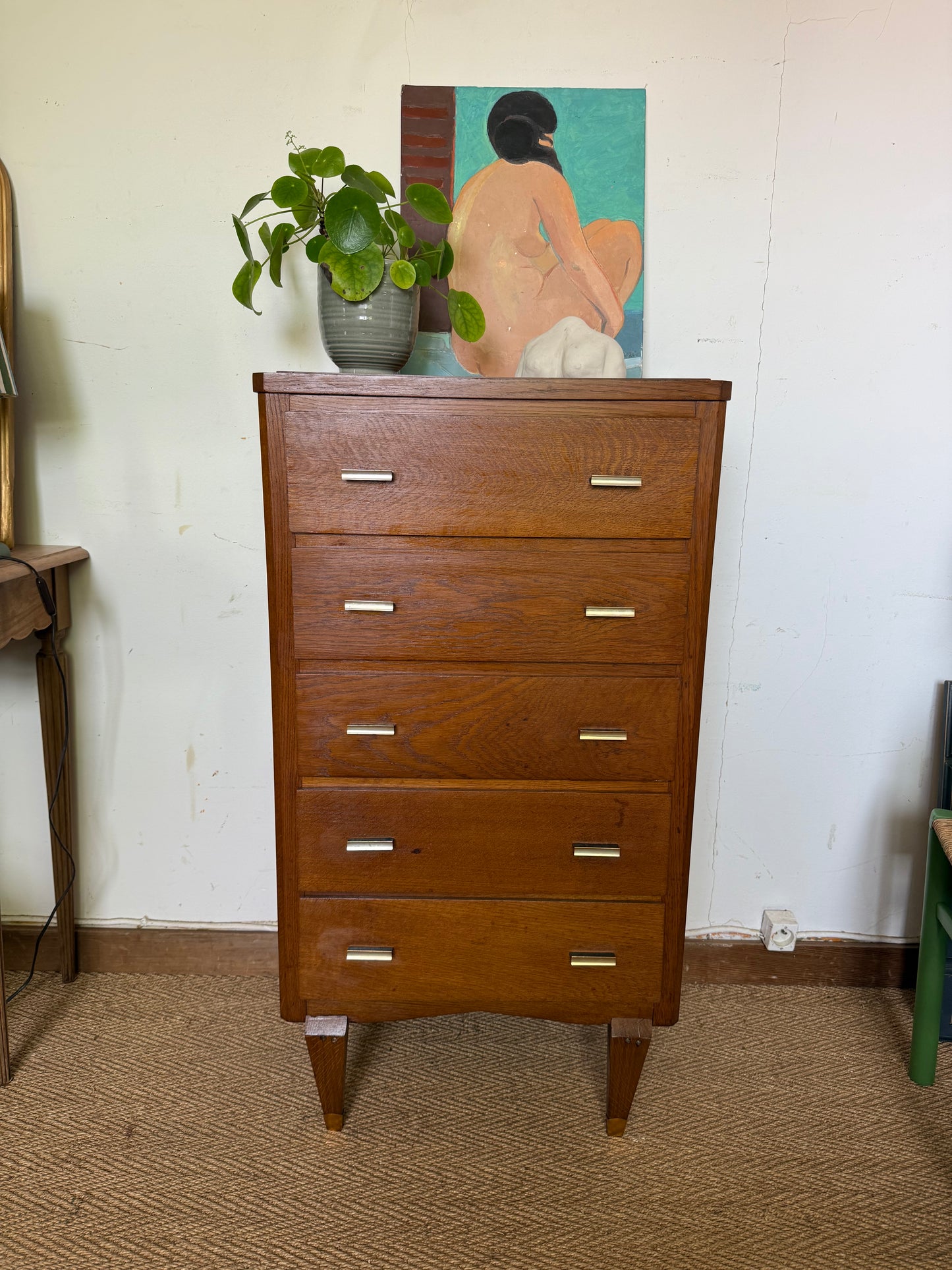 Chiffonnier commode vintage en chêne et placage chêne