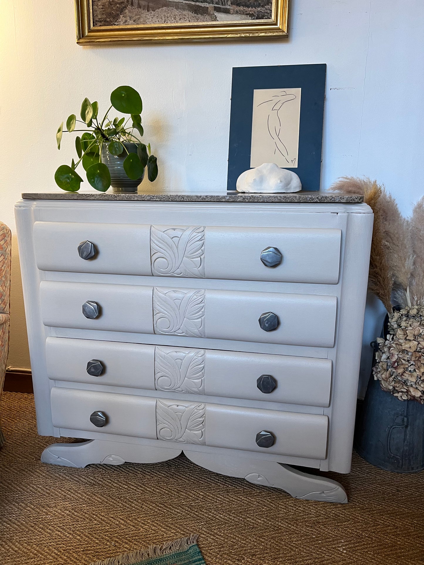 Commode art déco pied moustache en bois et marbre