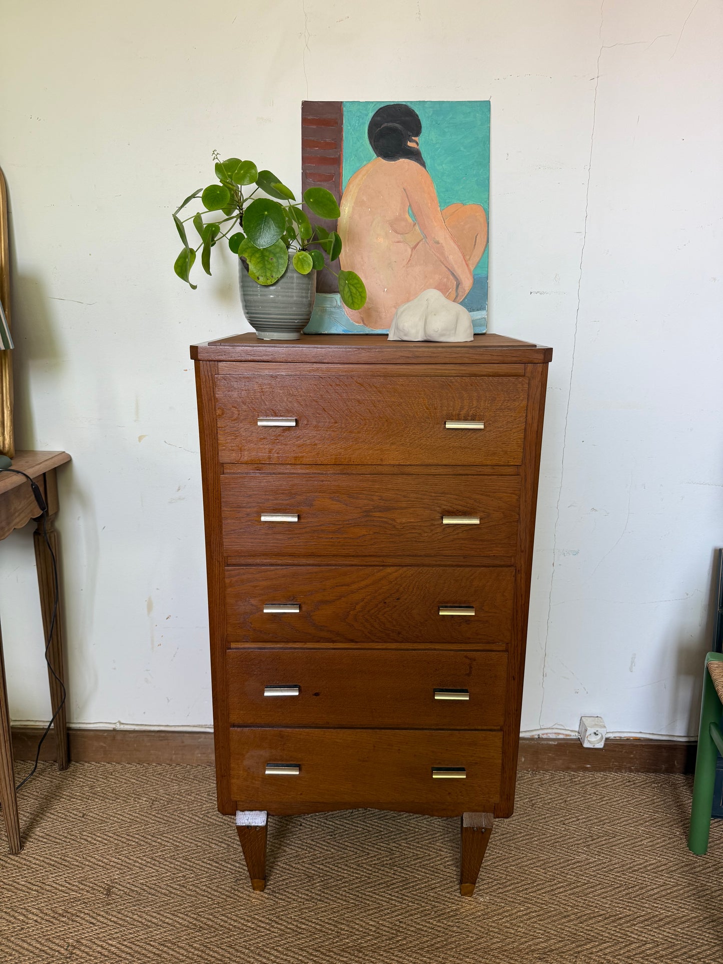 Chiffonnier commode vintage en chêne et placage chêne