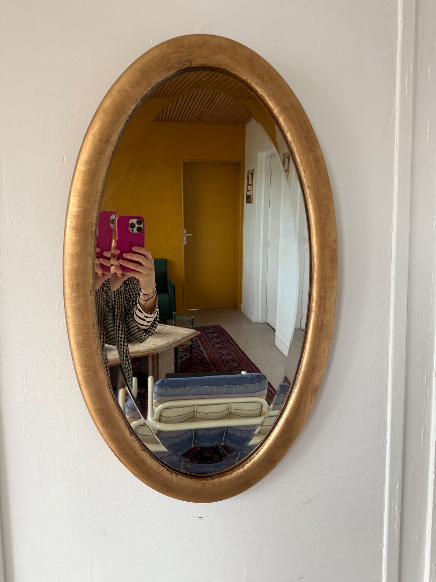 Miroir doré ovale ancien glace biseautée