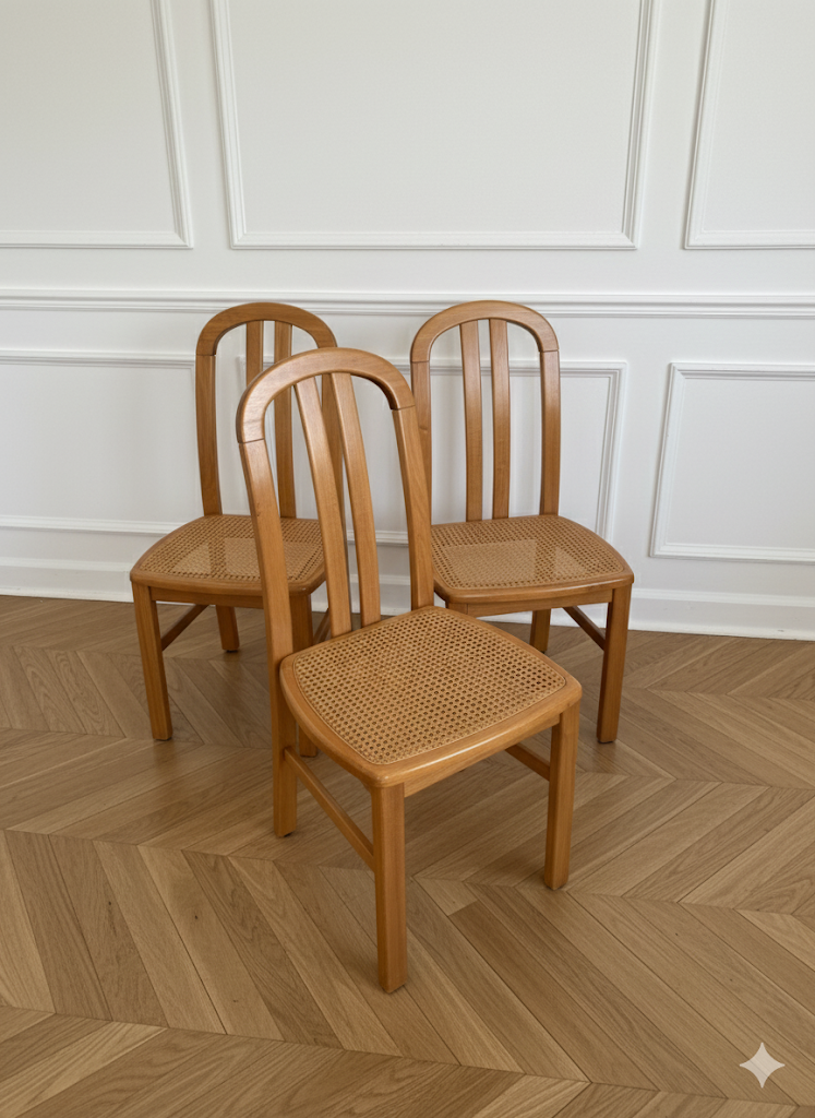 Lot de 4 chaises vintage en orme massif et cannage