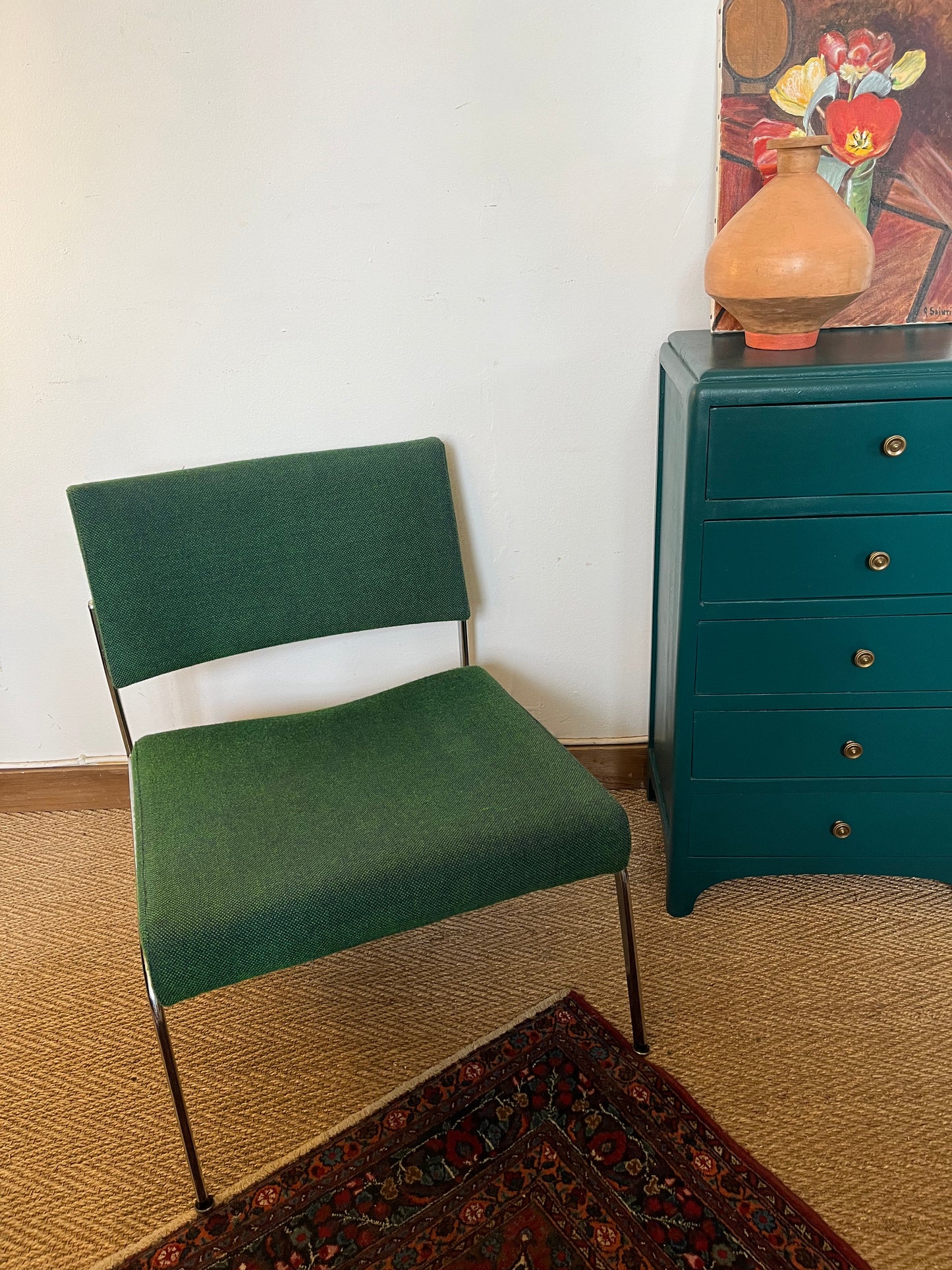 Fauteuil vintage piètement chromé et tweed vert