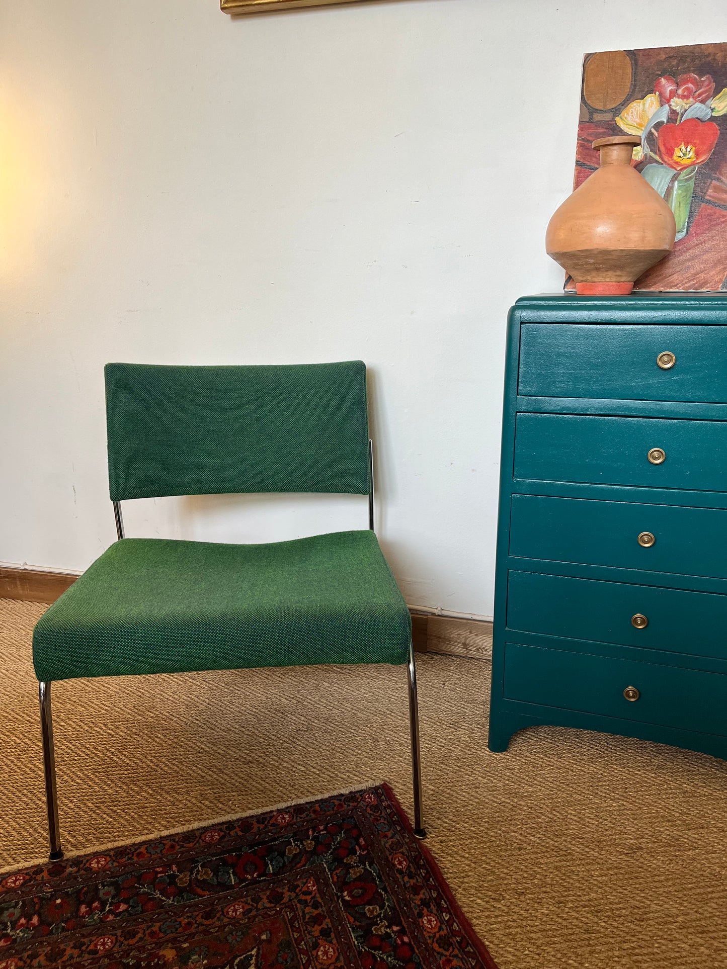 Fauteuil vintage piètement chromé et tweed vert