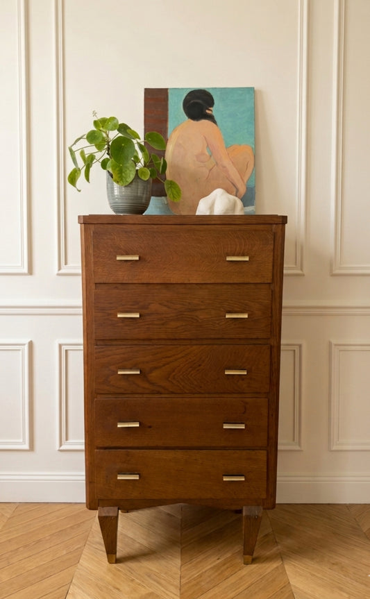 Chiffonnier commode vintage en chêne et placage chêne