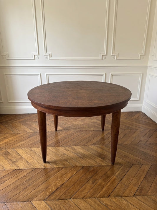 Table à manger ovale extensible en bois et placage en loupe de noyer