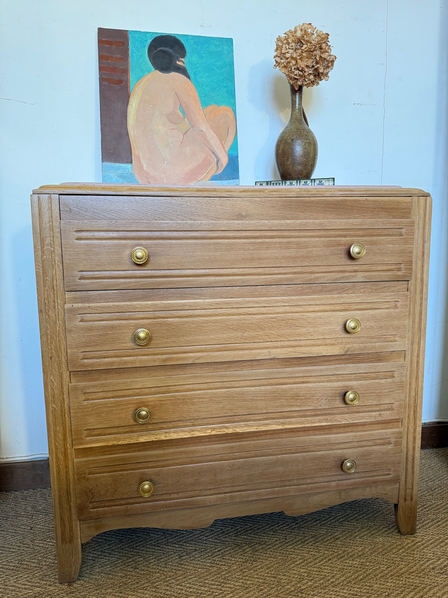 Commode vintage placage chêne et poignées dorées