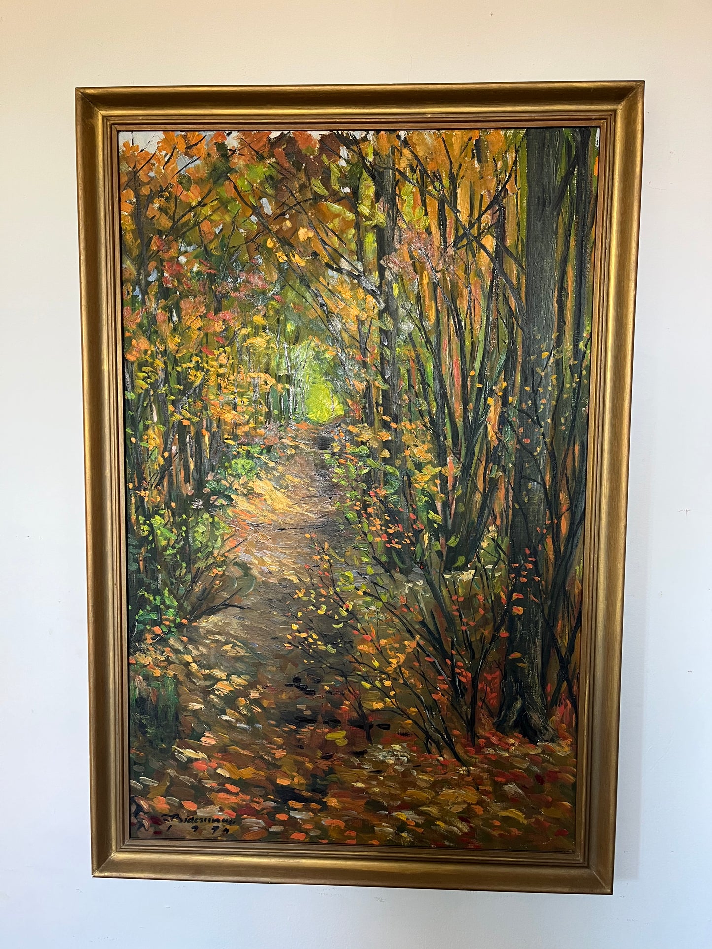 Grande huile sur toile encadrée paysage de forêt