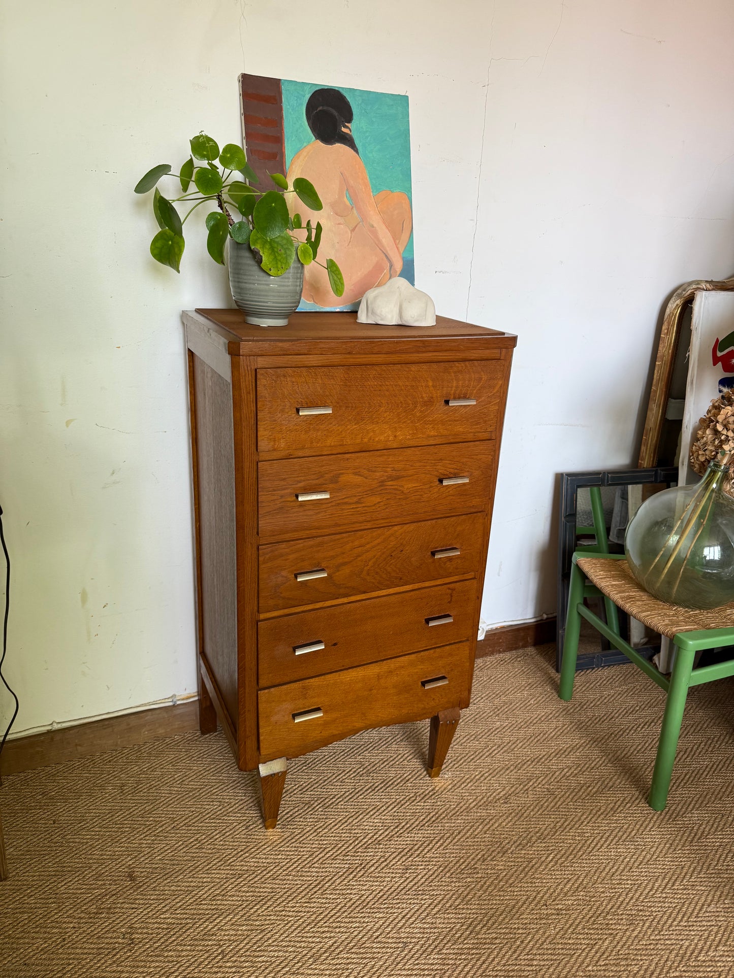 Chiffonnier commode vintage en chêne et placage chêne