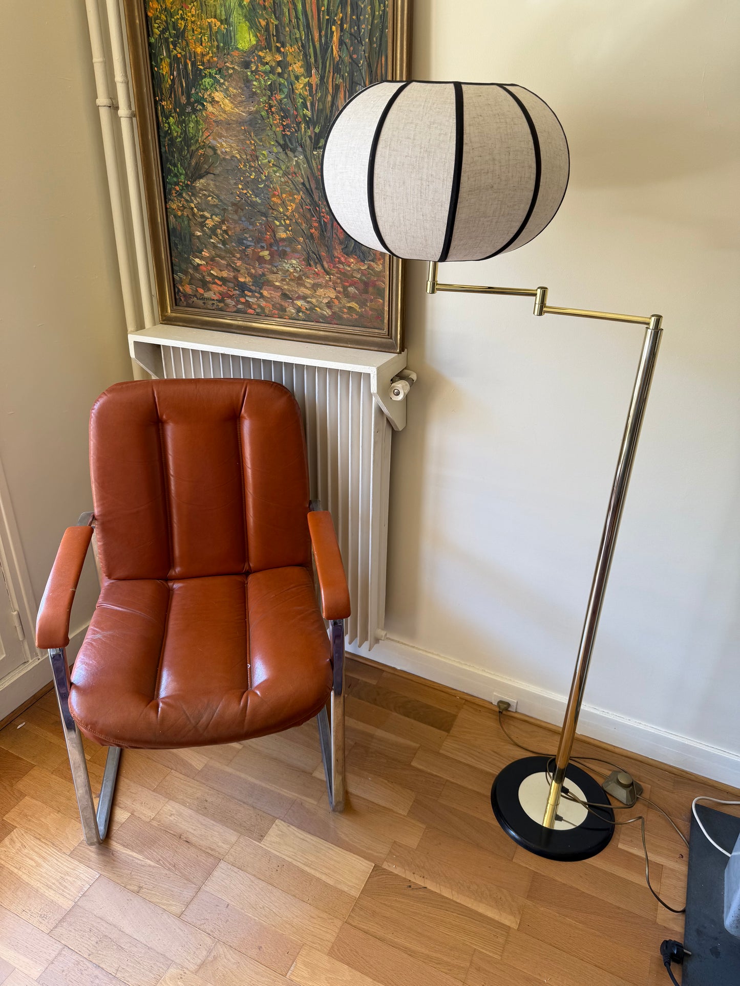 Lampadaire vintage bras articulé laiton doré abat jour lin