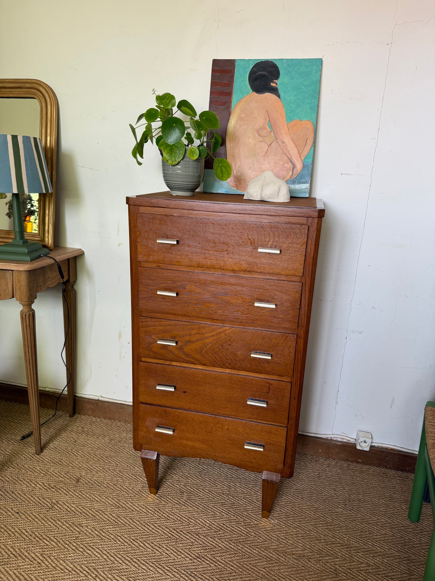 Chiffonnier commode vintage en chêne et placage chêne