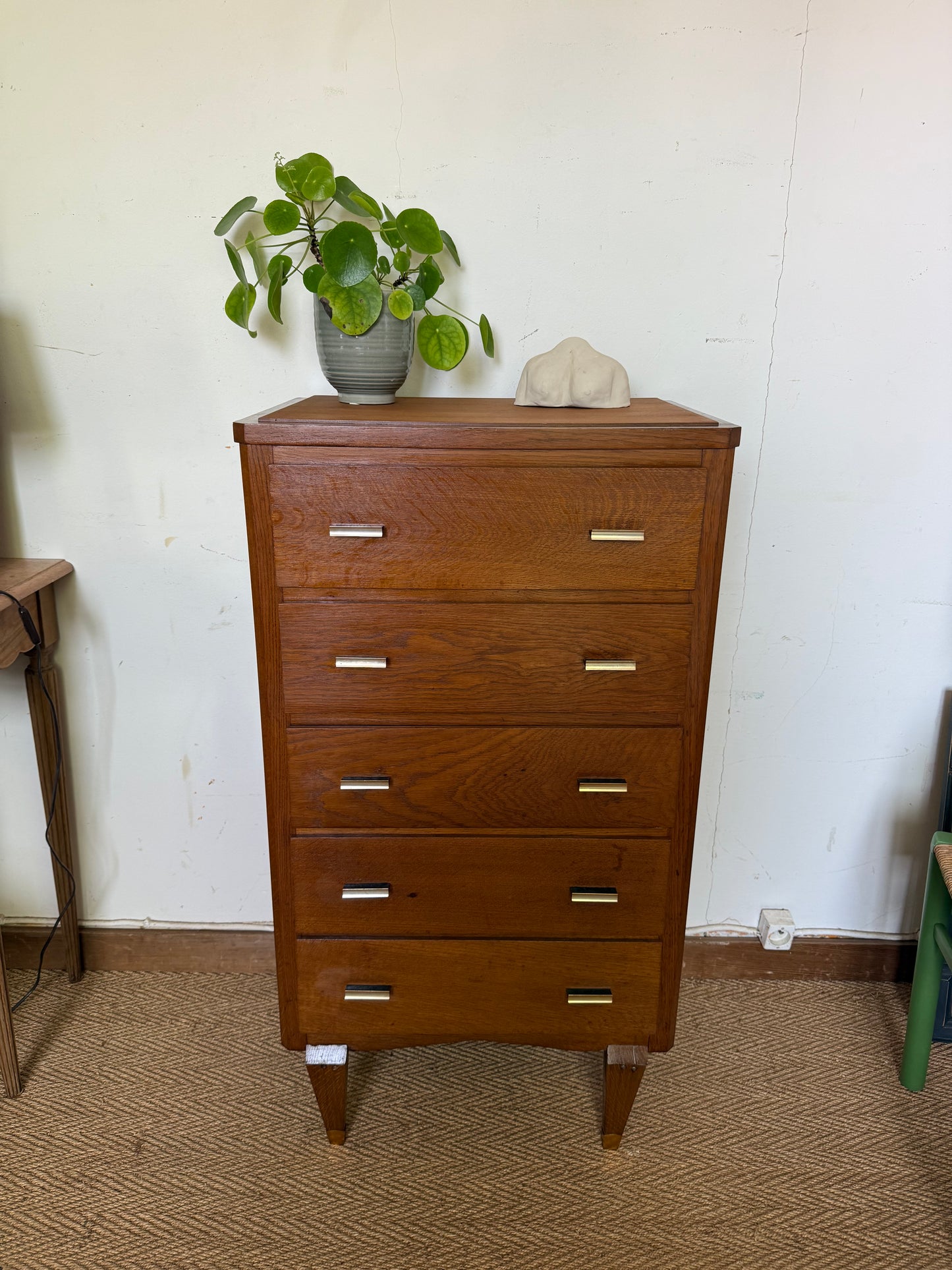 Chiffonnier commode vintage en chêne et placage chêne