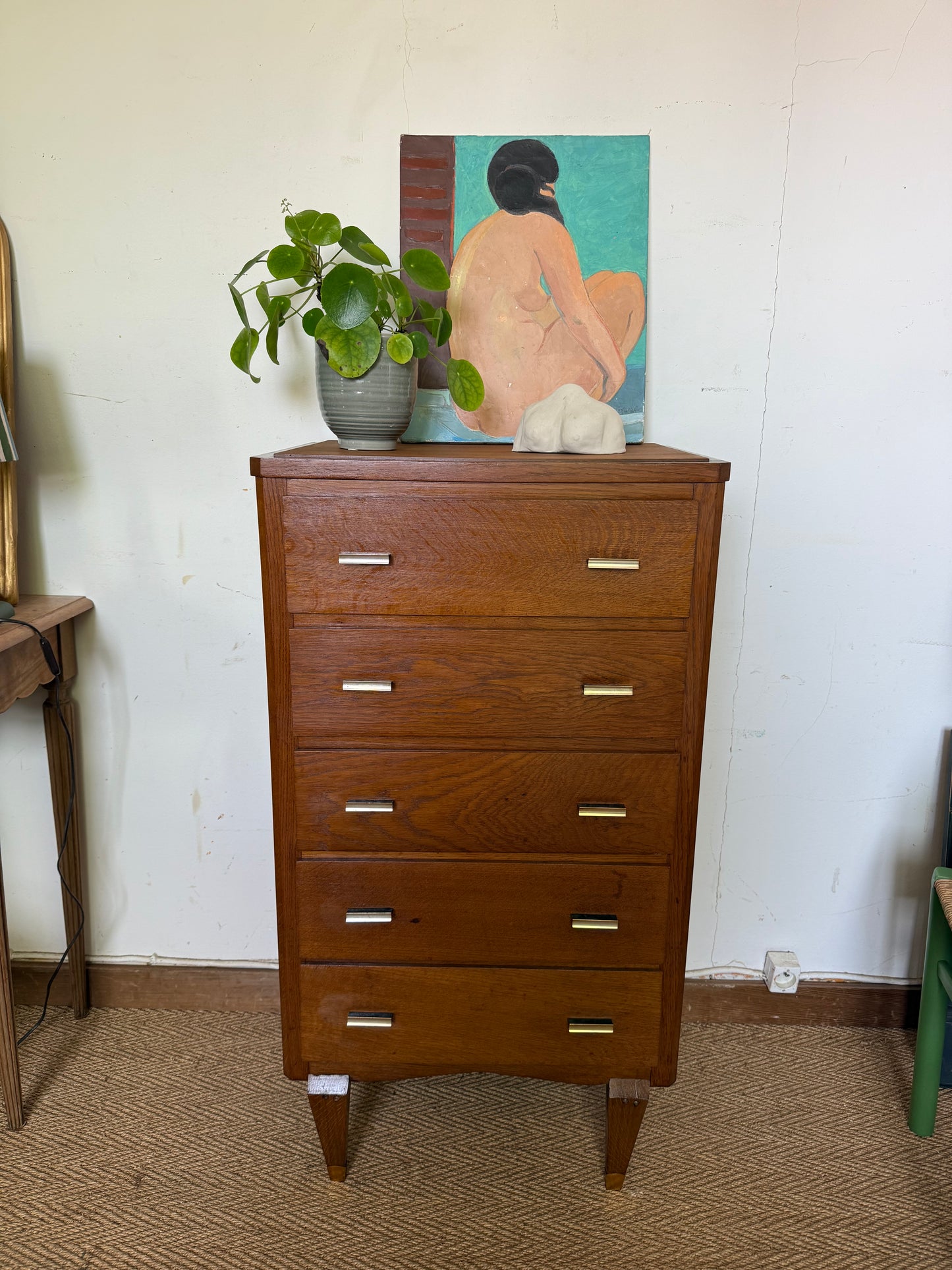 Chiffonnier commode vintage en chêne et placage chêne