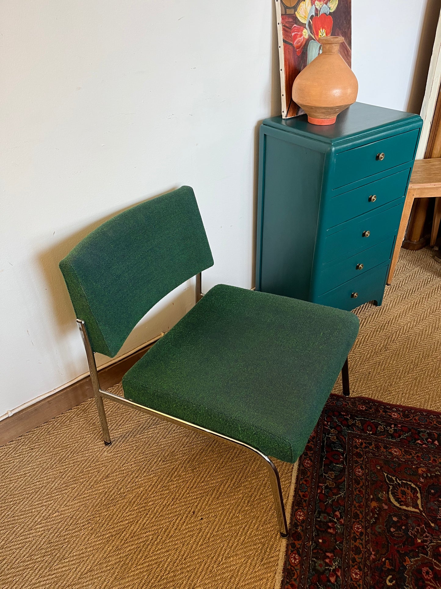 Fauteuil vintage piètement chromé et tweed vert