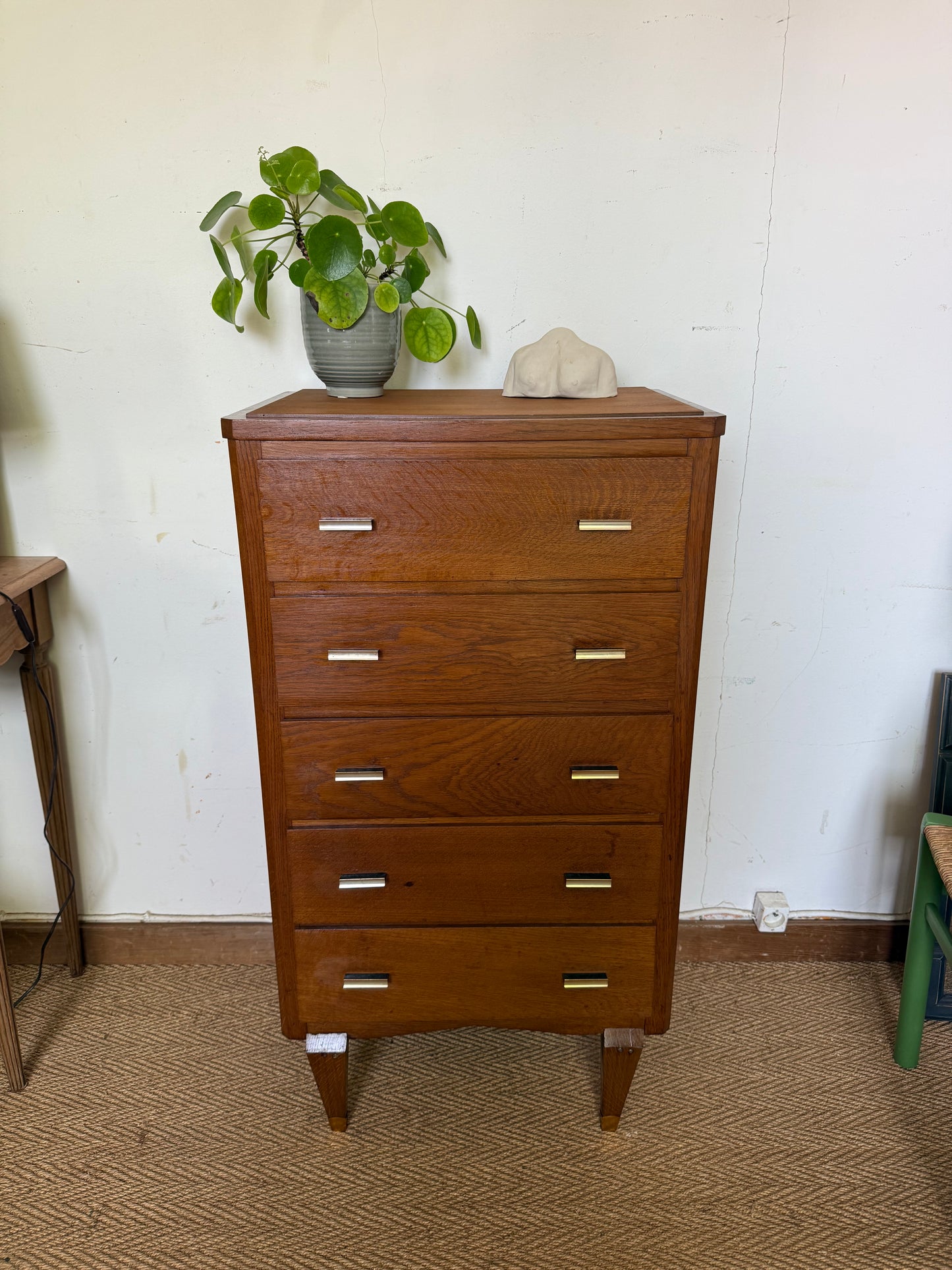 Chiffonnier commode vintage en chêne et placage chêne