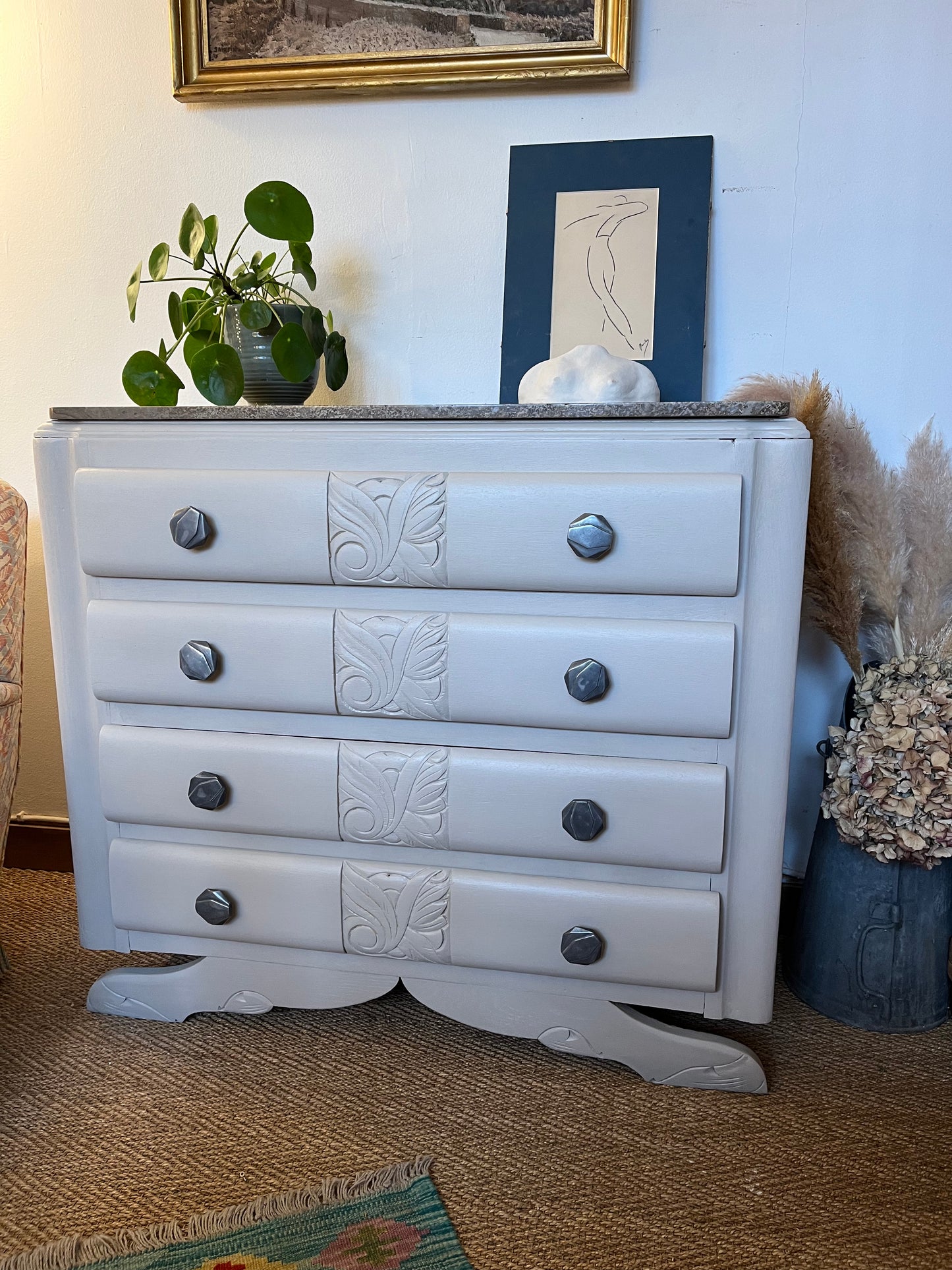 Commode art déco pied moustache en bois et marbre