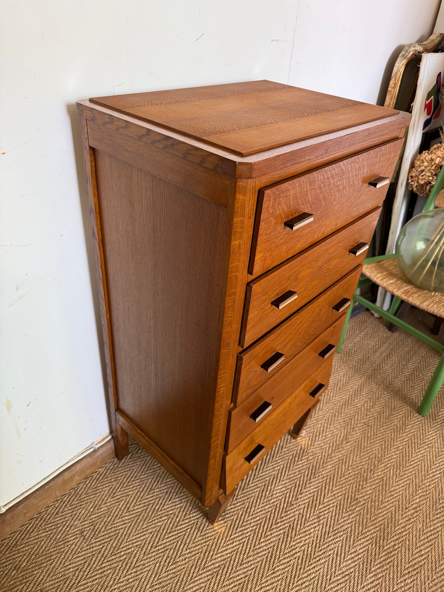 Chiffonnier commode vintage en chêne et placage chêne