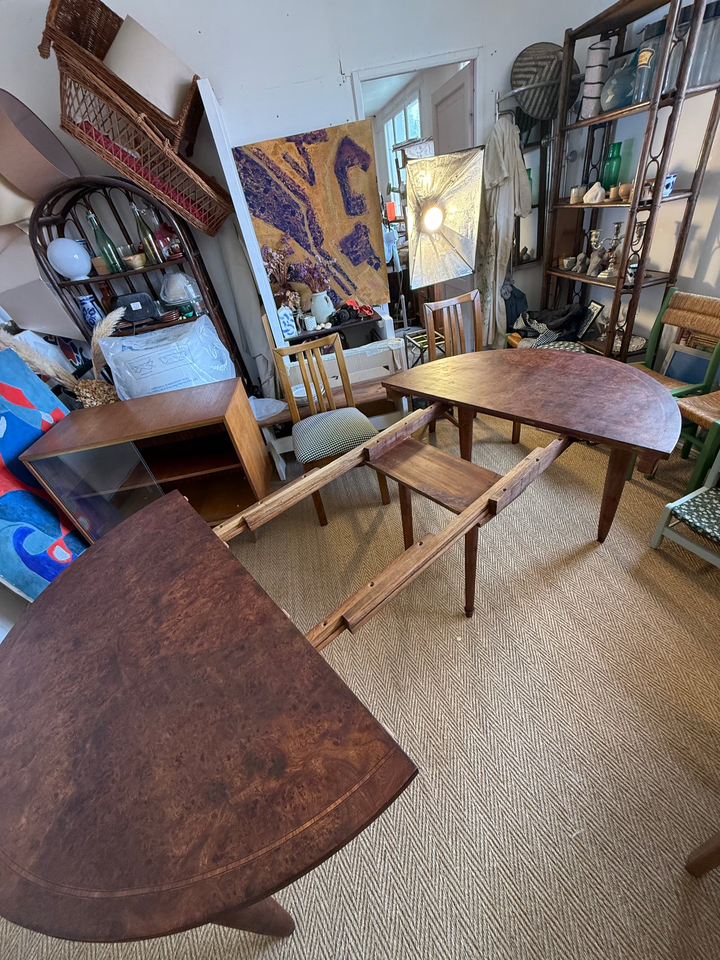 Table à manger ovale extensible en bois et placage en loupe de noyer