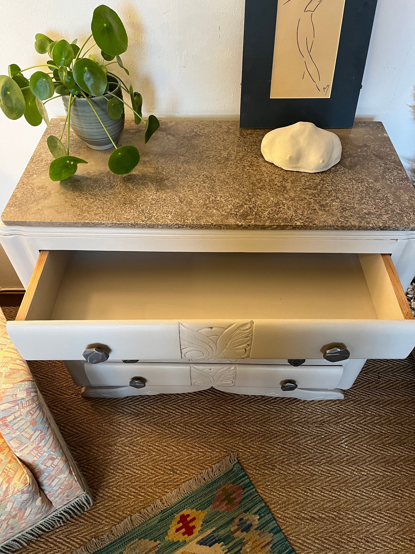 Commode art déco pied moustache en bois et marbre