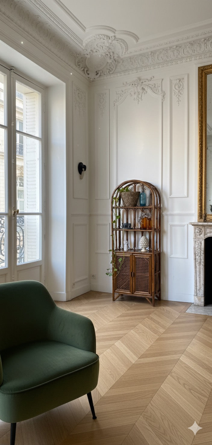 Bibliothèque étagère vintage en rotin et cannage