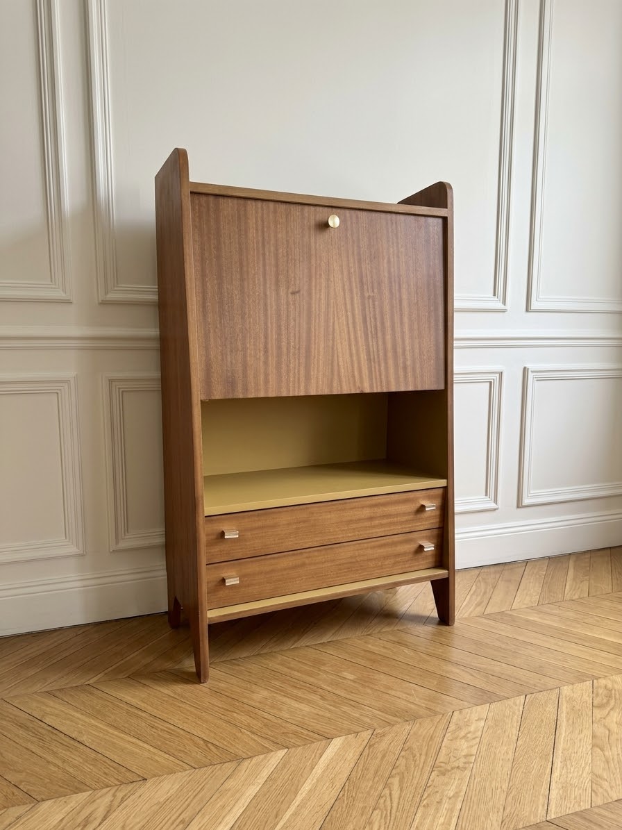 Secrétaire vintage compact placage acajou