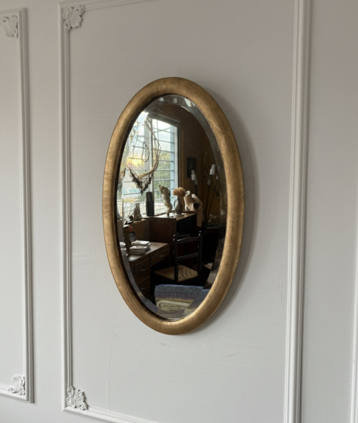 Miroir doré ovale ancien glace biseautée