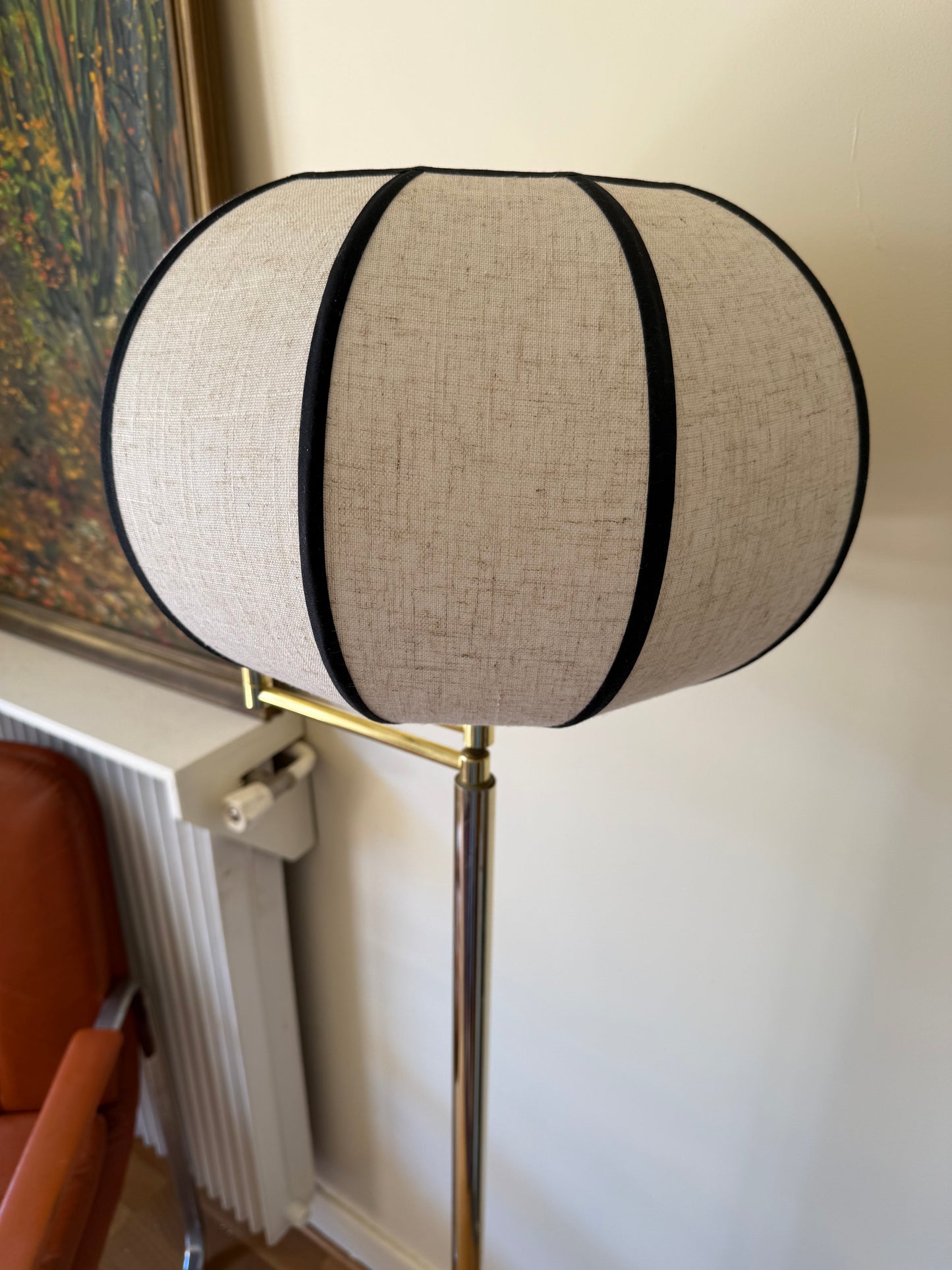 Lampadaire vintage bras articulé laiton doré abat jour lin