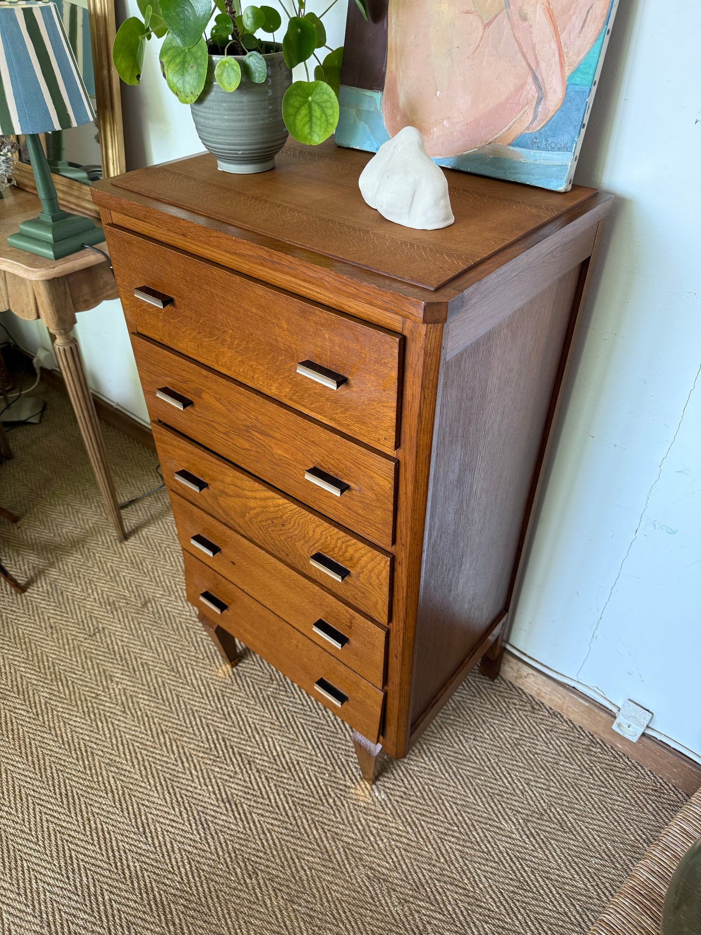 Chiffonnier commode vintage en chêne et placage chêne
