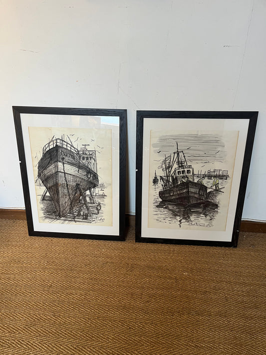 Dessins encadrés vue de mer port breton vintage signés