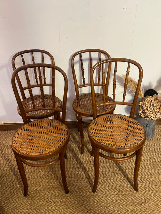 Lot de 4 chaises bistrots Fischel bois courbé et cannage