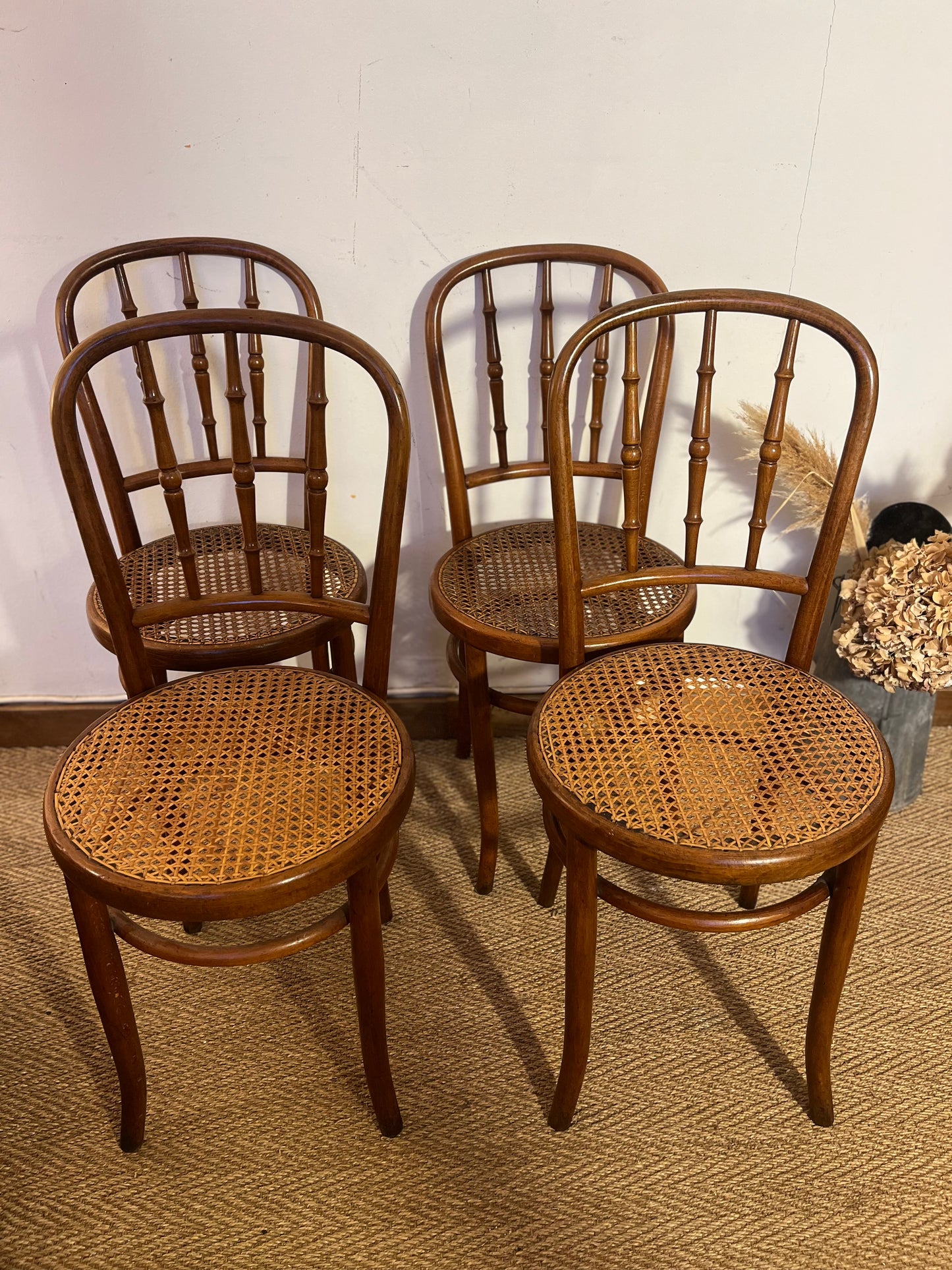 Lot de 4 chaises bistrots Fischel bois courbé et cannage