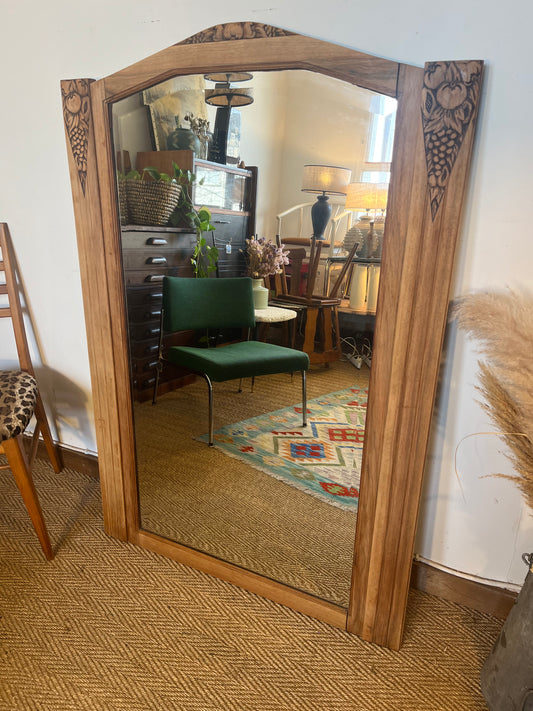 Grand miroir en bois ancien art déco et glace biseautée