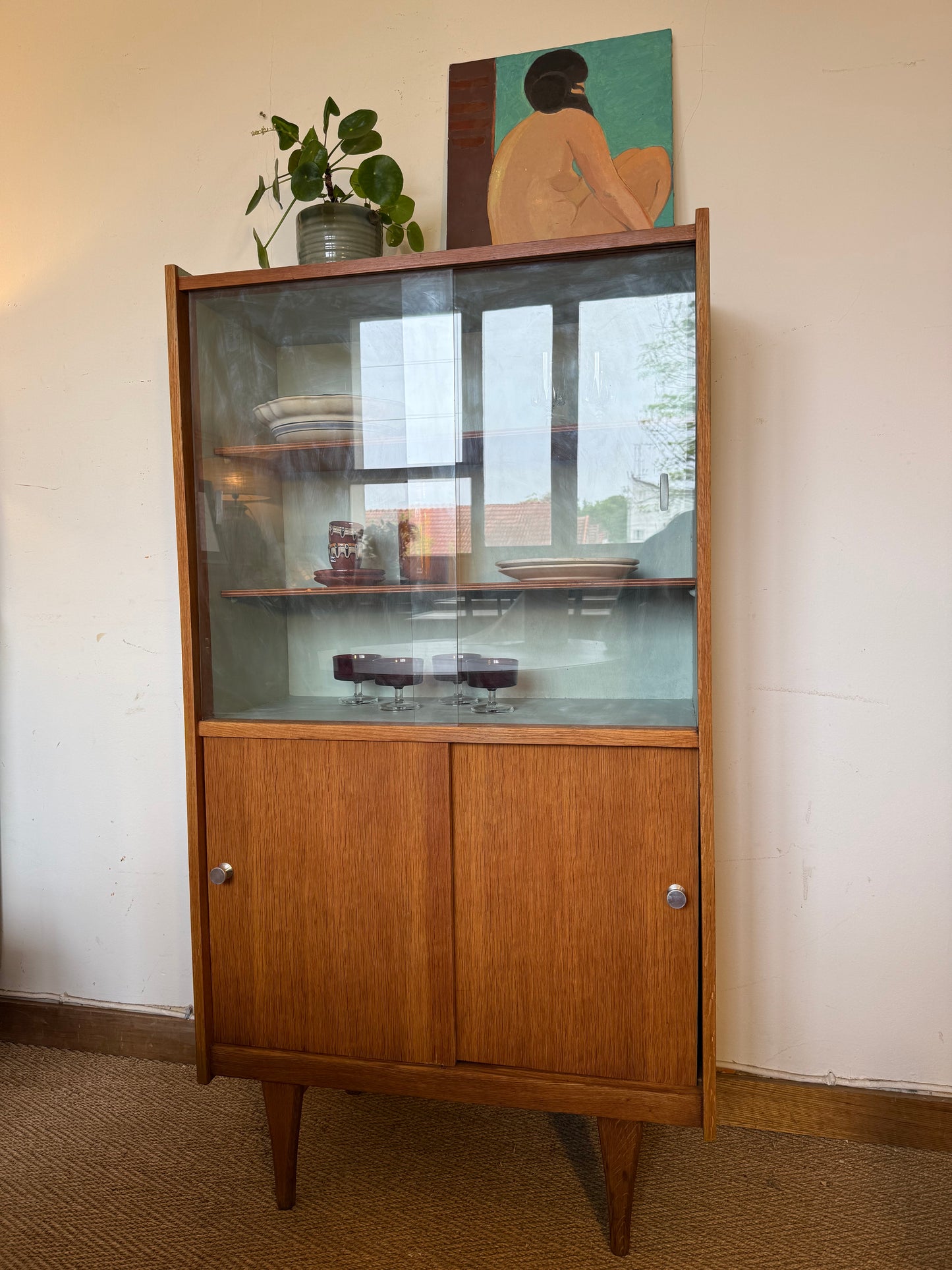 Vaisselier vitrine meuble de rangement vintage pieds compas placage teck