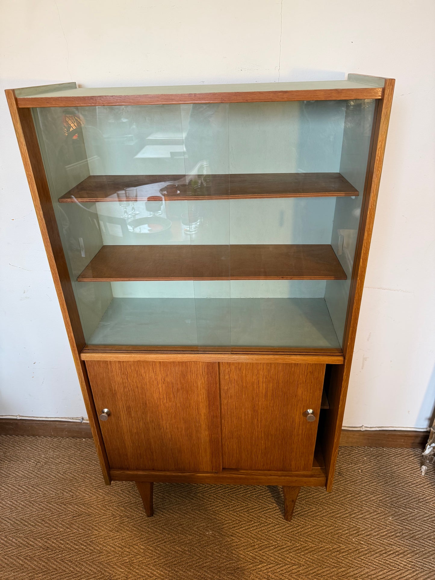 Vaisselier vitrine meuble de rangement vintage pieds compas placage teck