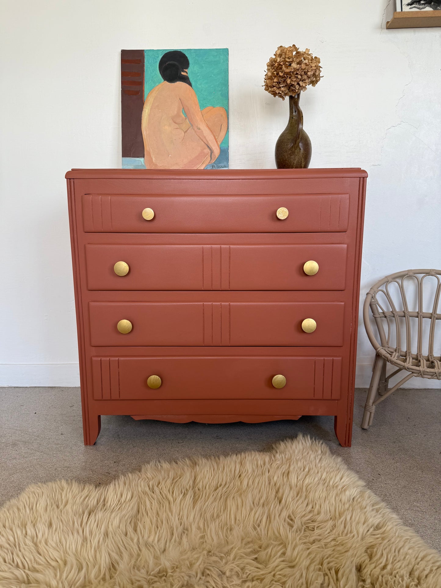 Commode vintage en bois terra cotta