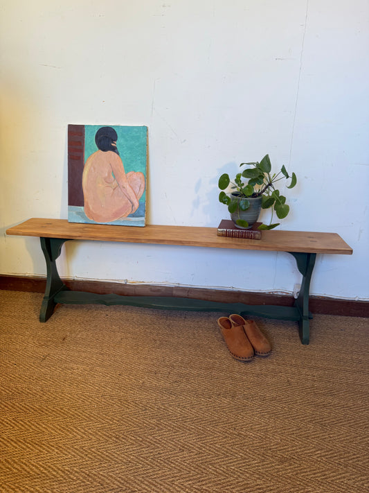 Banc de ferme vintage en bois patiné vert