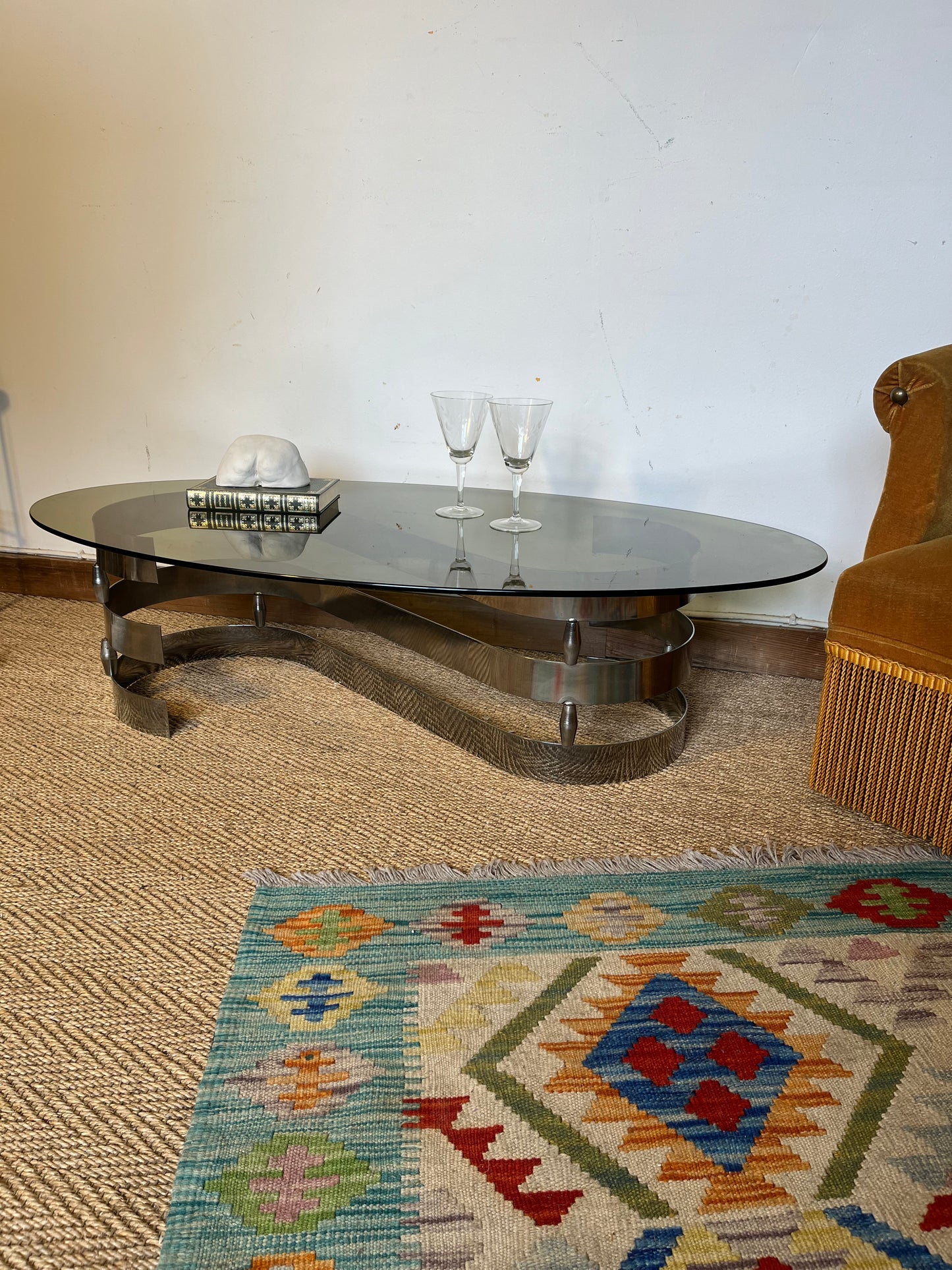 Table basse vintage chrome et verre fumé Knut Hesterberg circa 70