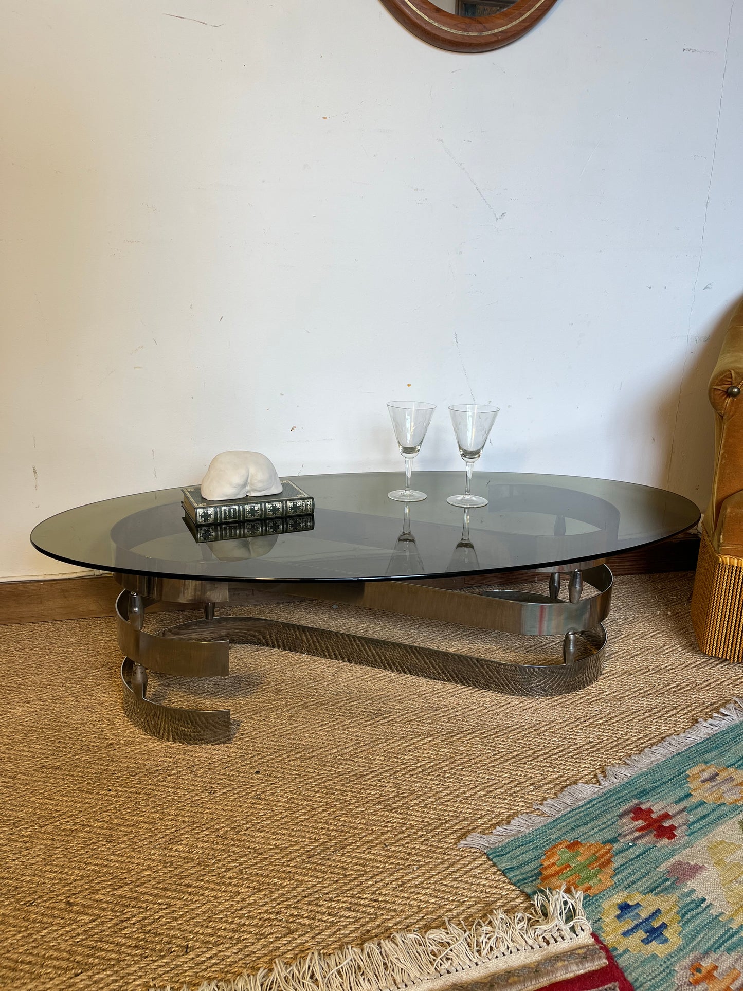 Table basse vintage chrome et verre fumé Knut Hesterberg circa 70